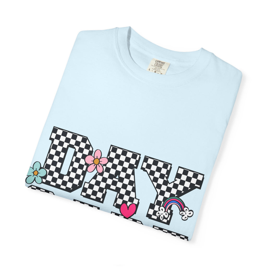 Day Care Checkerboard T‑Shirt — Playful Smiley & Floral Kids Graphic Tee