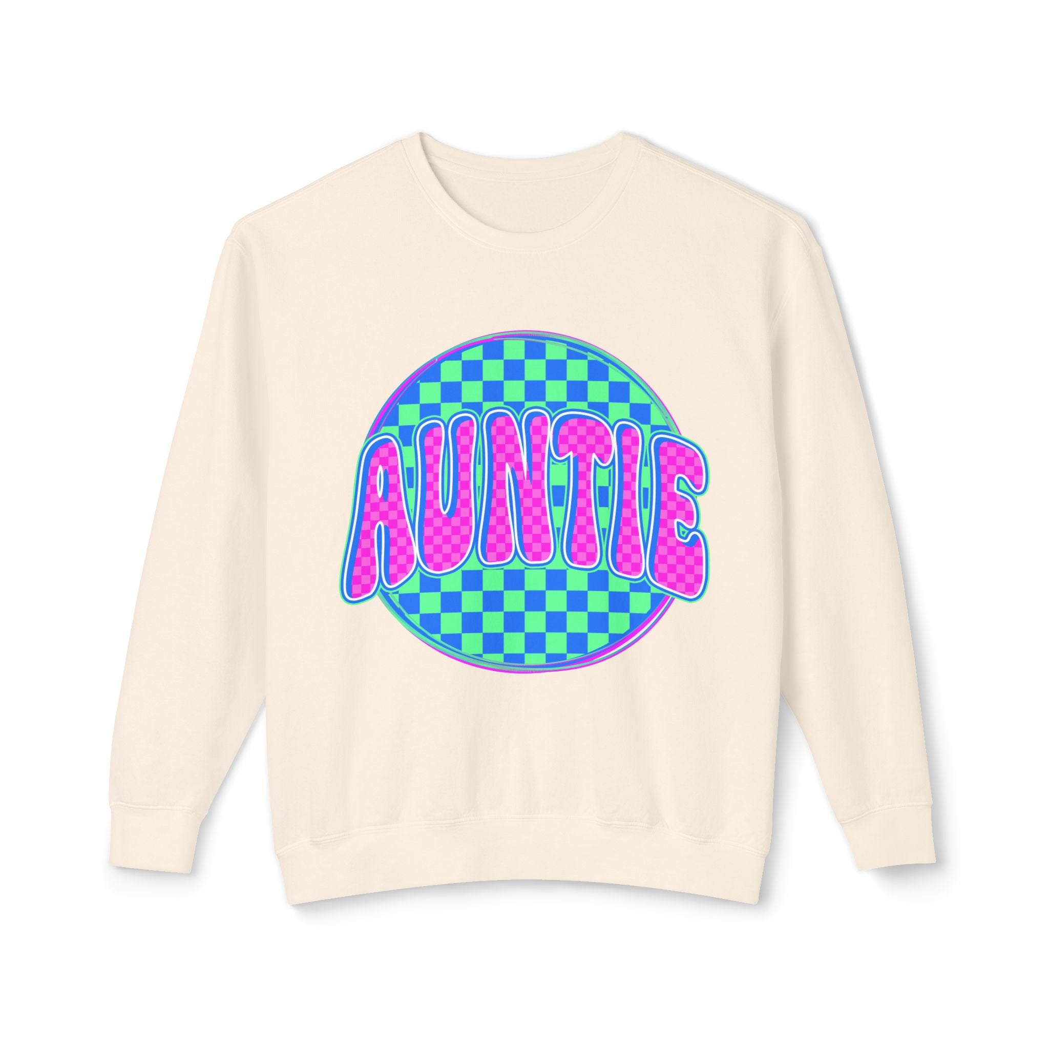 Auntie Graphic Sweatshirt — Retro Checkerboard Neon Design