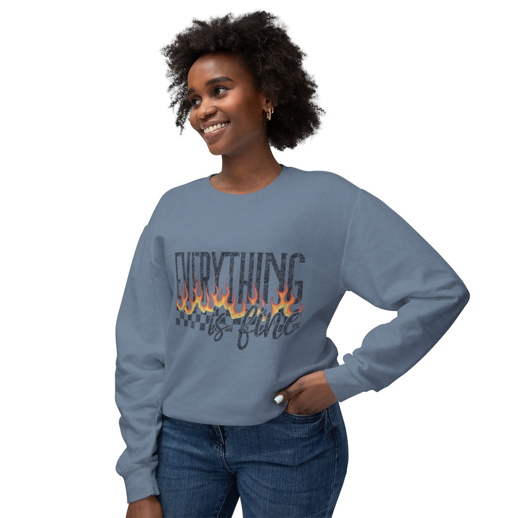 Everything Is Fine Crewneck Sweatshirt — Retro Flames & Checkered Graphic