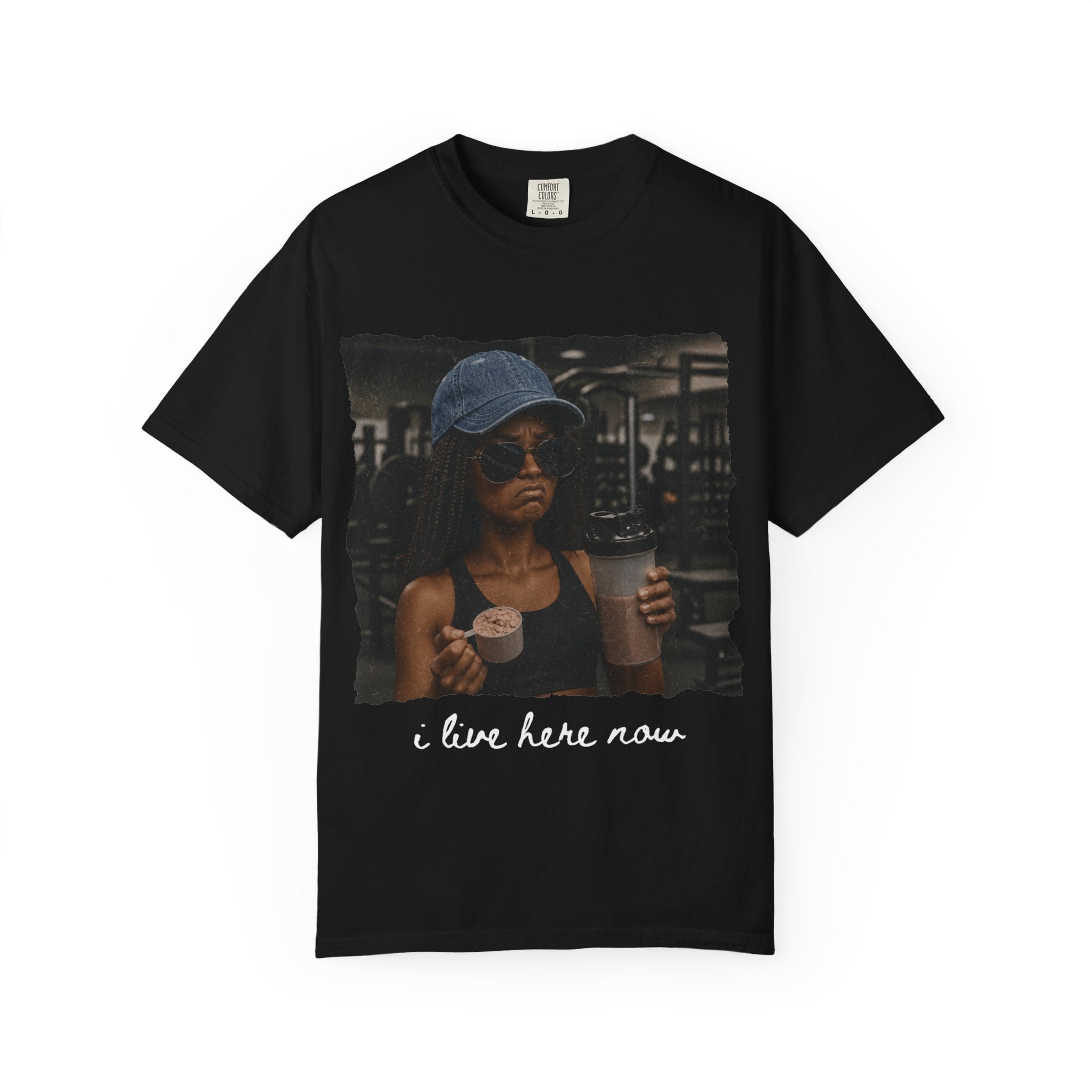 Photo Crop Tee — Woman Wearing Cap & Sunglasses Holding Coffee
