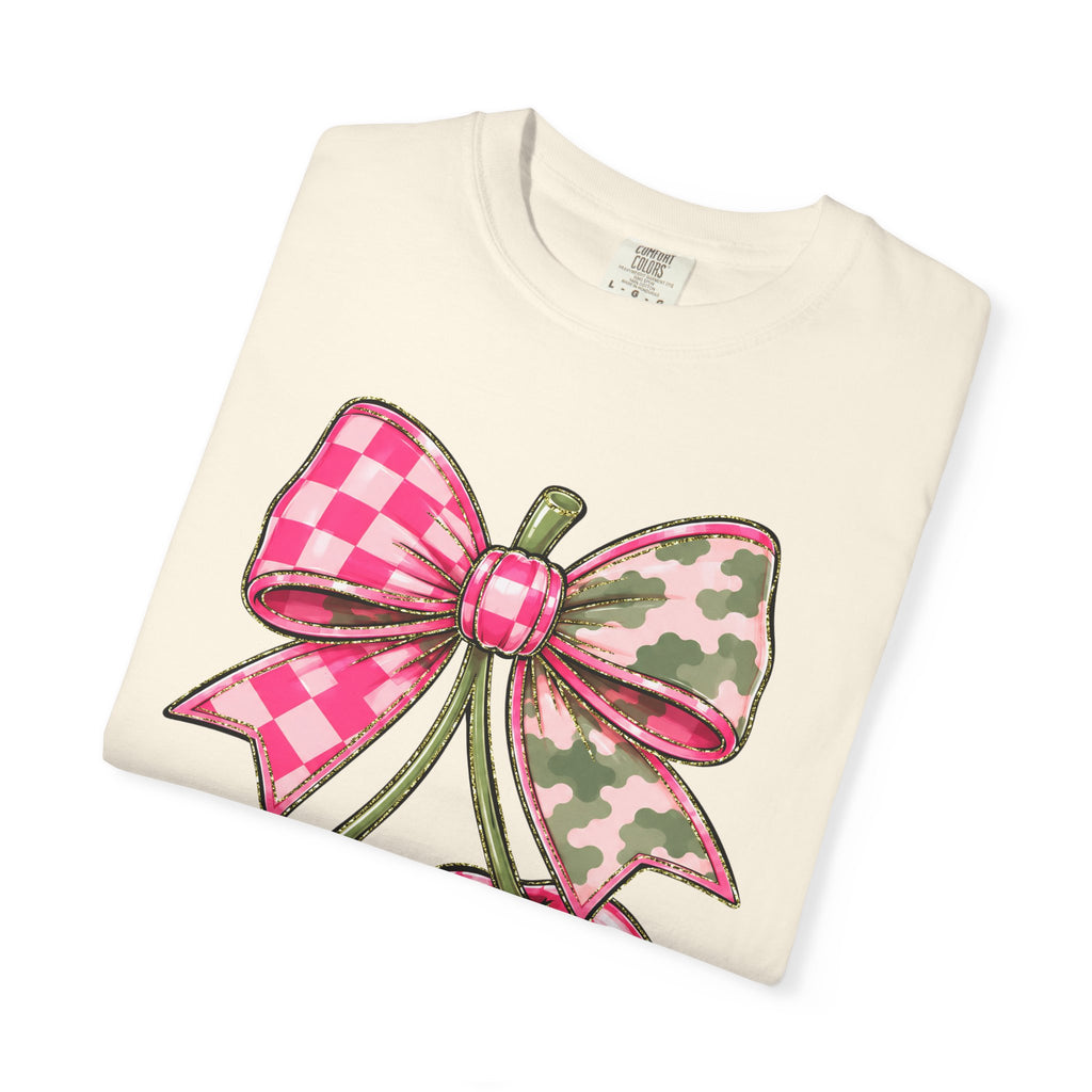 Pink Camo Checker Cherry Tee — Bow Graphic T-Shirt