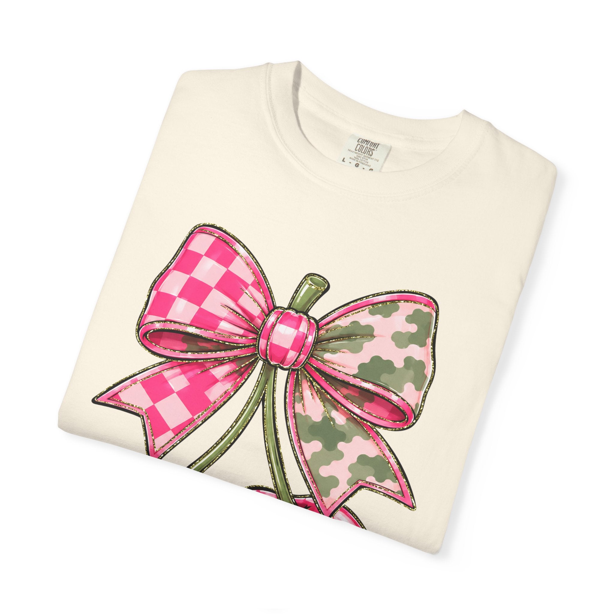 Pink Camo Checker Cherry Tee — Bow Graphic T-Shirt