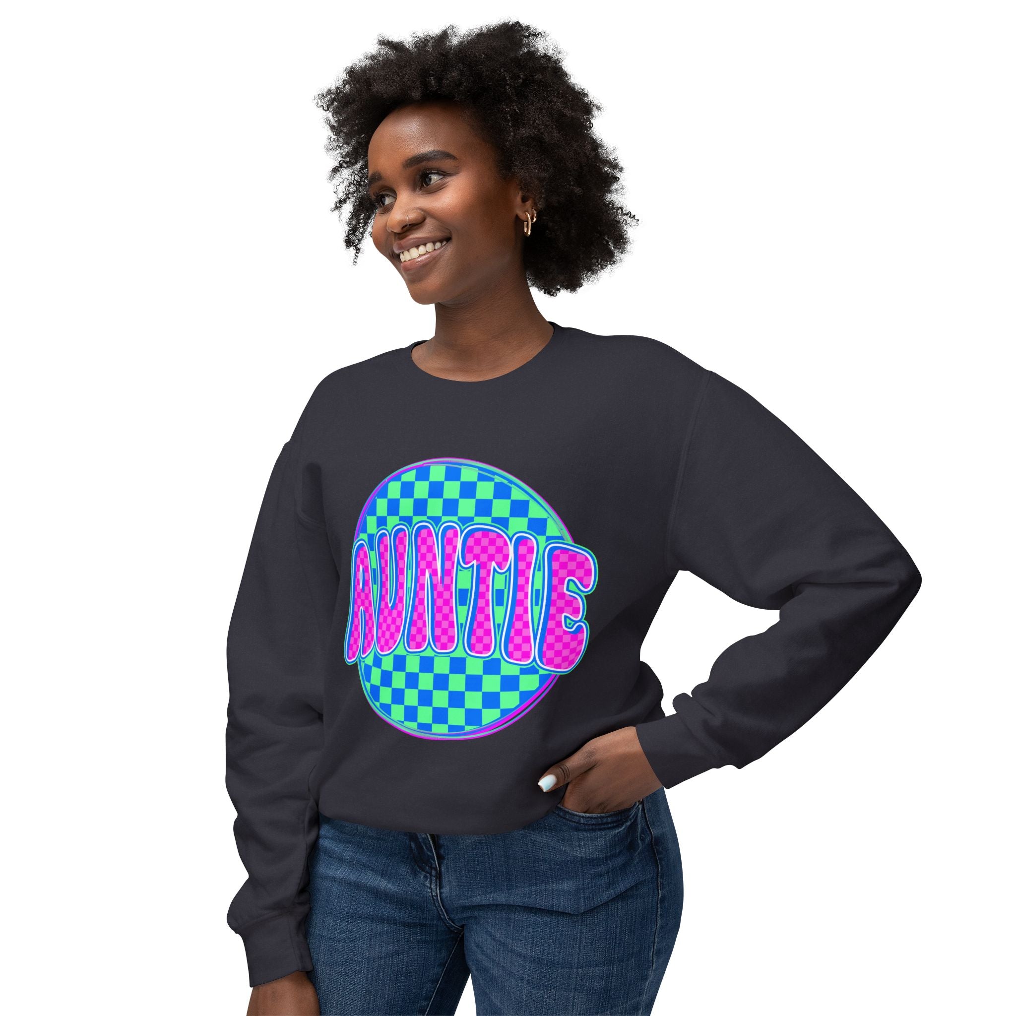 Auntie Graphic Sweatshirt — Retro Checkerboard Neon Design