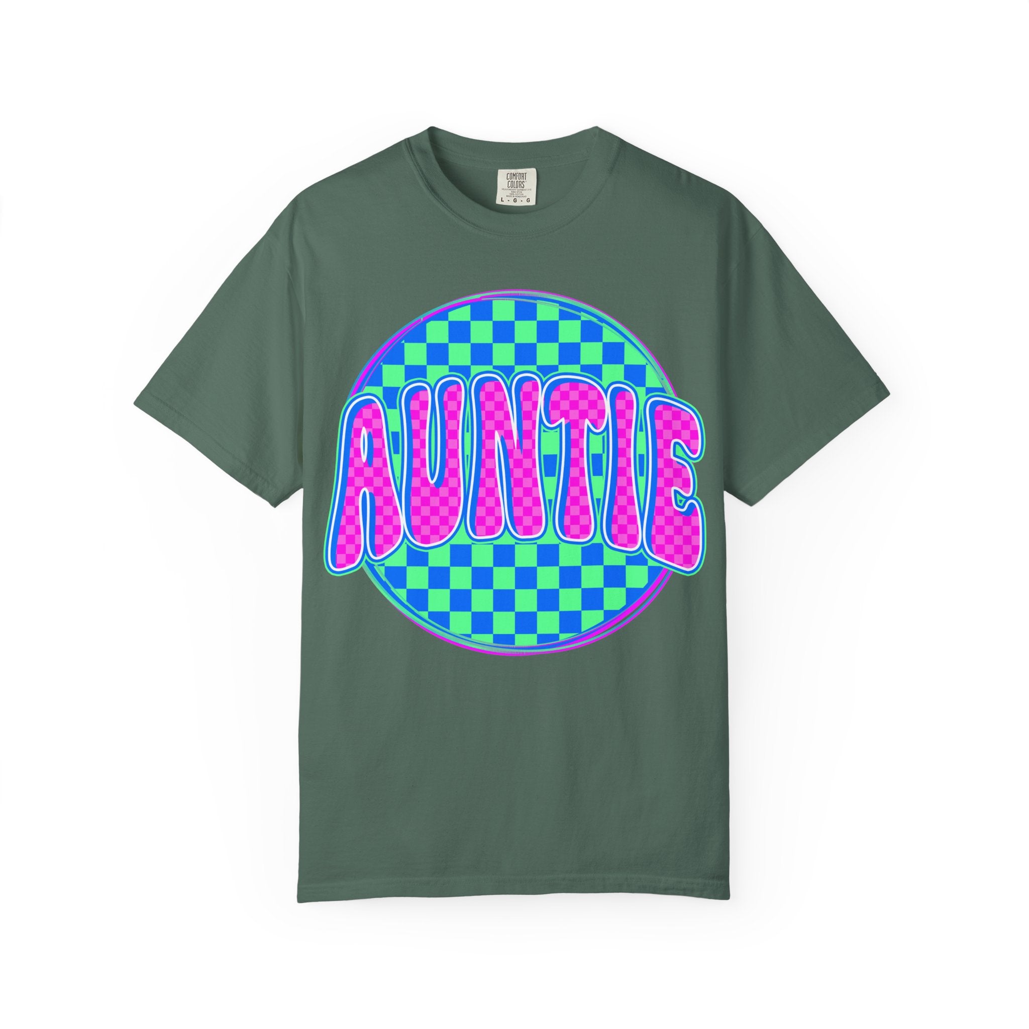 Auntie Checkerboard T-Shirt — Retro Neon 'AUNTIE' Graphic Tee