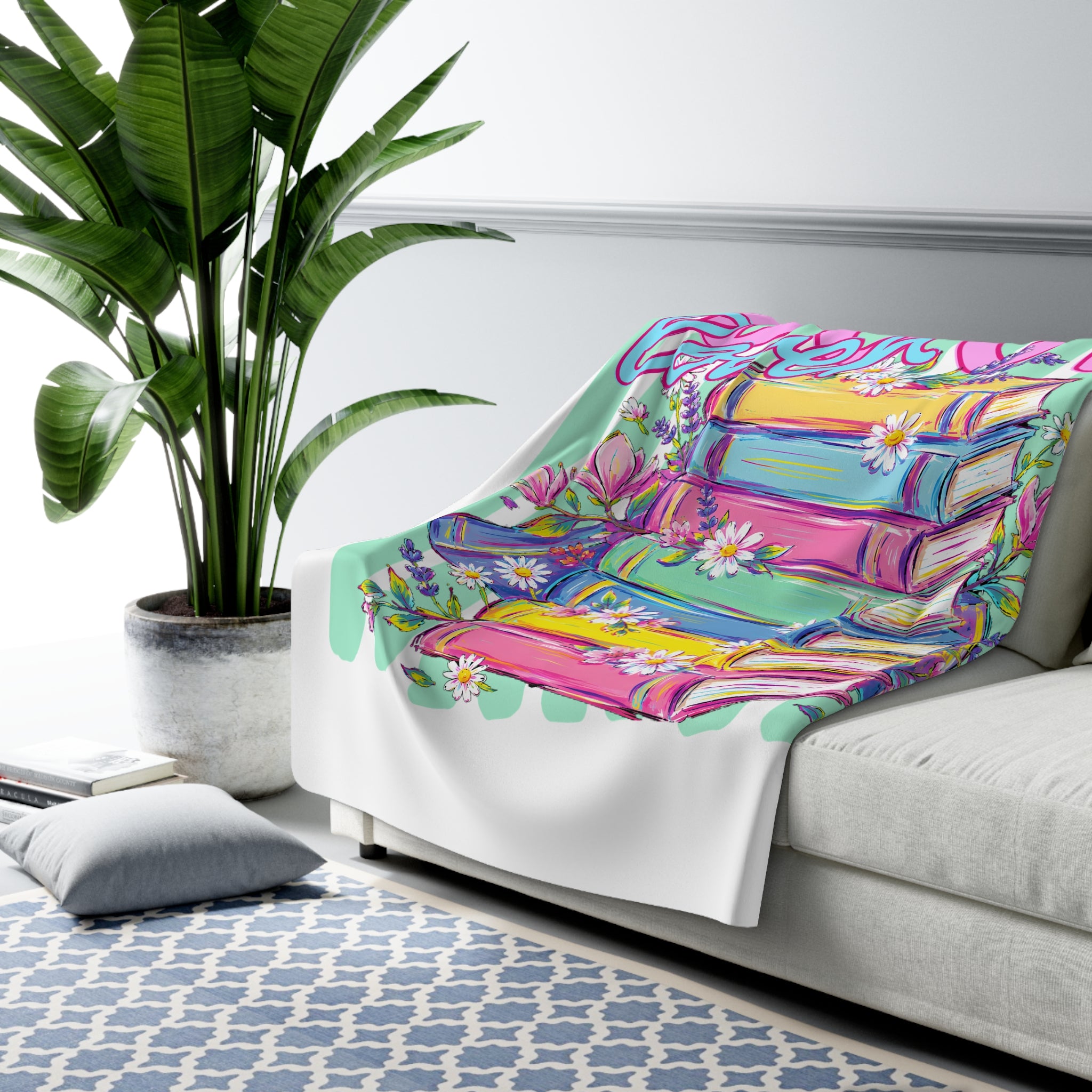Book Lover Sherpa Blanket — Colorful Stacked Books & Floral Cozy Throw