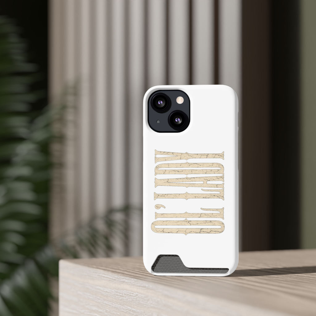 Card Holder Phone Case — Vintage Beige 'Old Soul' Typography