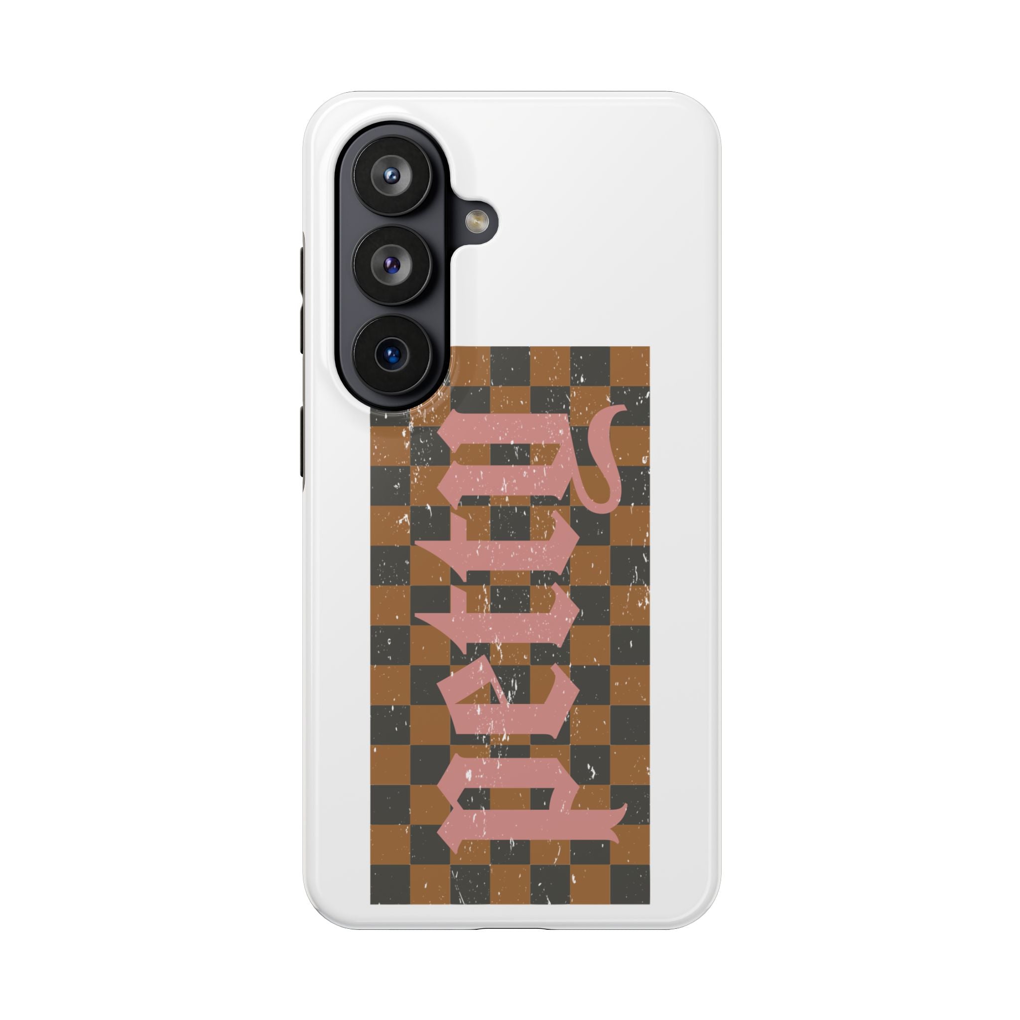 Checkerboard 'Tough' Retro Phone Case — Pink Gothic Text, Grunge Pattern