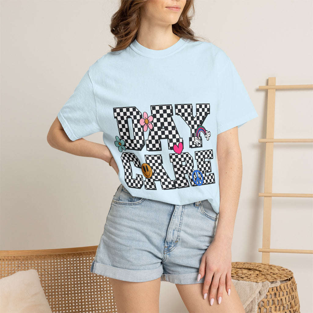 Day Care Checkerboard T‑Shirt — Playful Smiley & Floral Kids Graphic Tee