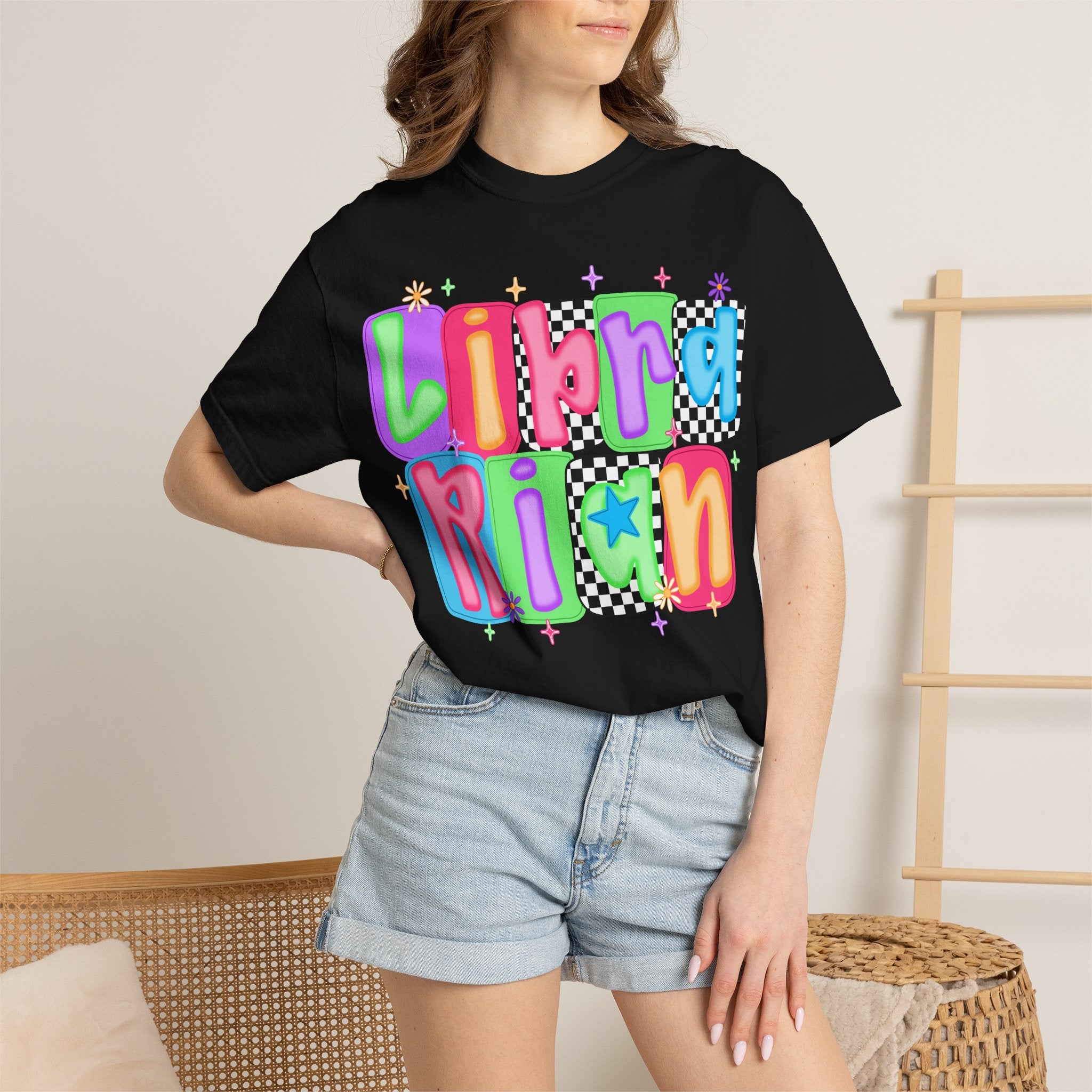 Librarian Retro Bubble Letter T-Shirt — Colorful Checkerboard Book Lover Tee