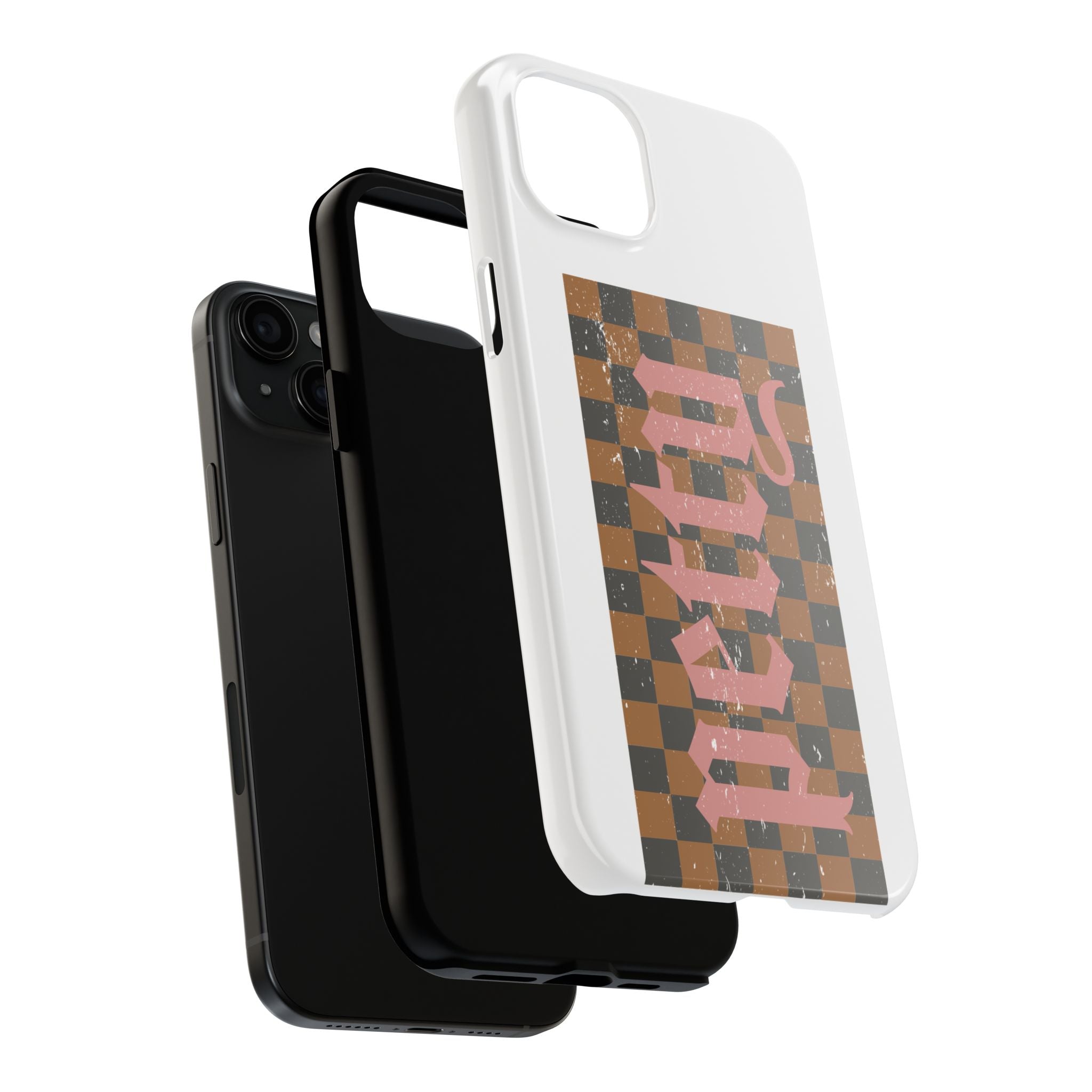 Checkerboard 'Tough' Retro Phone Case — Pink Gothic Text, Grunge Pattern
