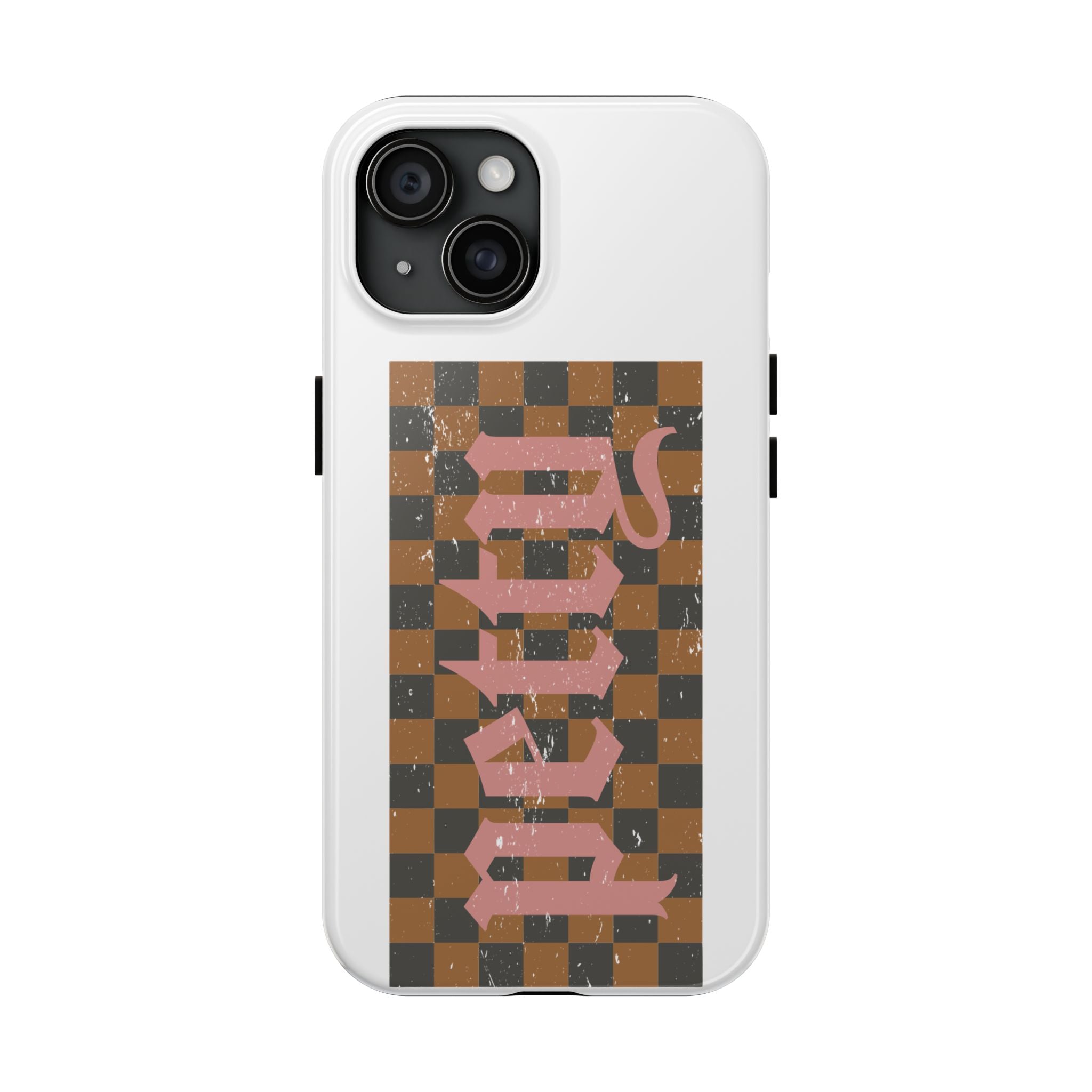 Checkerboard 'Tough' Retro Phone Case — Pink Gothic Text, Grunge Pattern