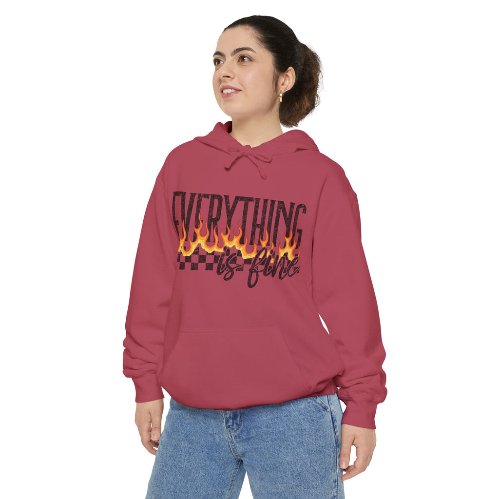 Everything Is Fine Hoodie — Retro Flame Checkerboard Graphic Pullover