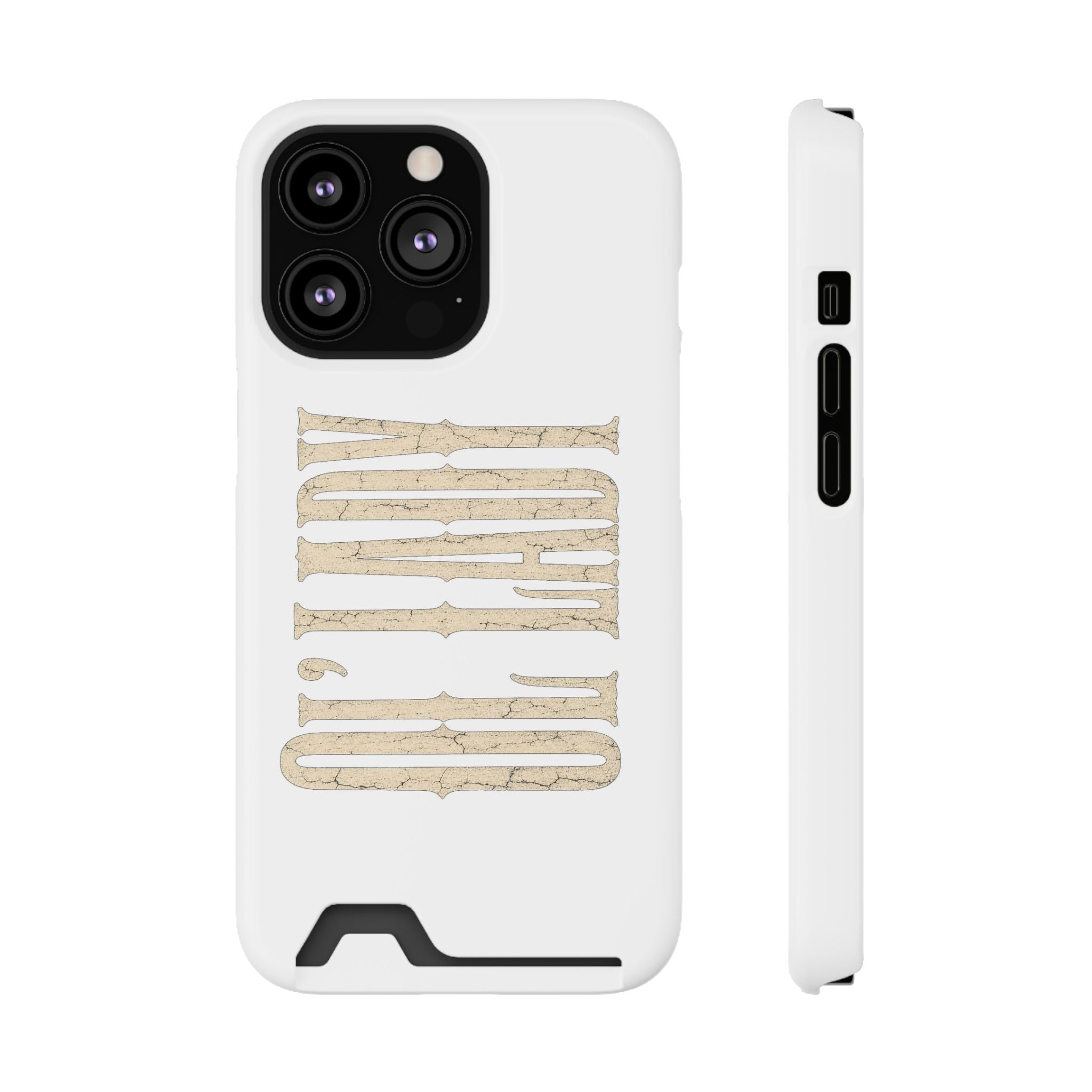 Card Holder Phone Case — Vintage Beige 'Old Soul' Typography