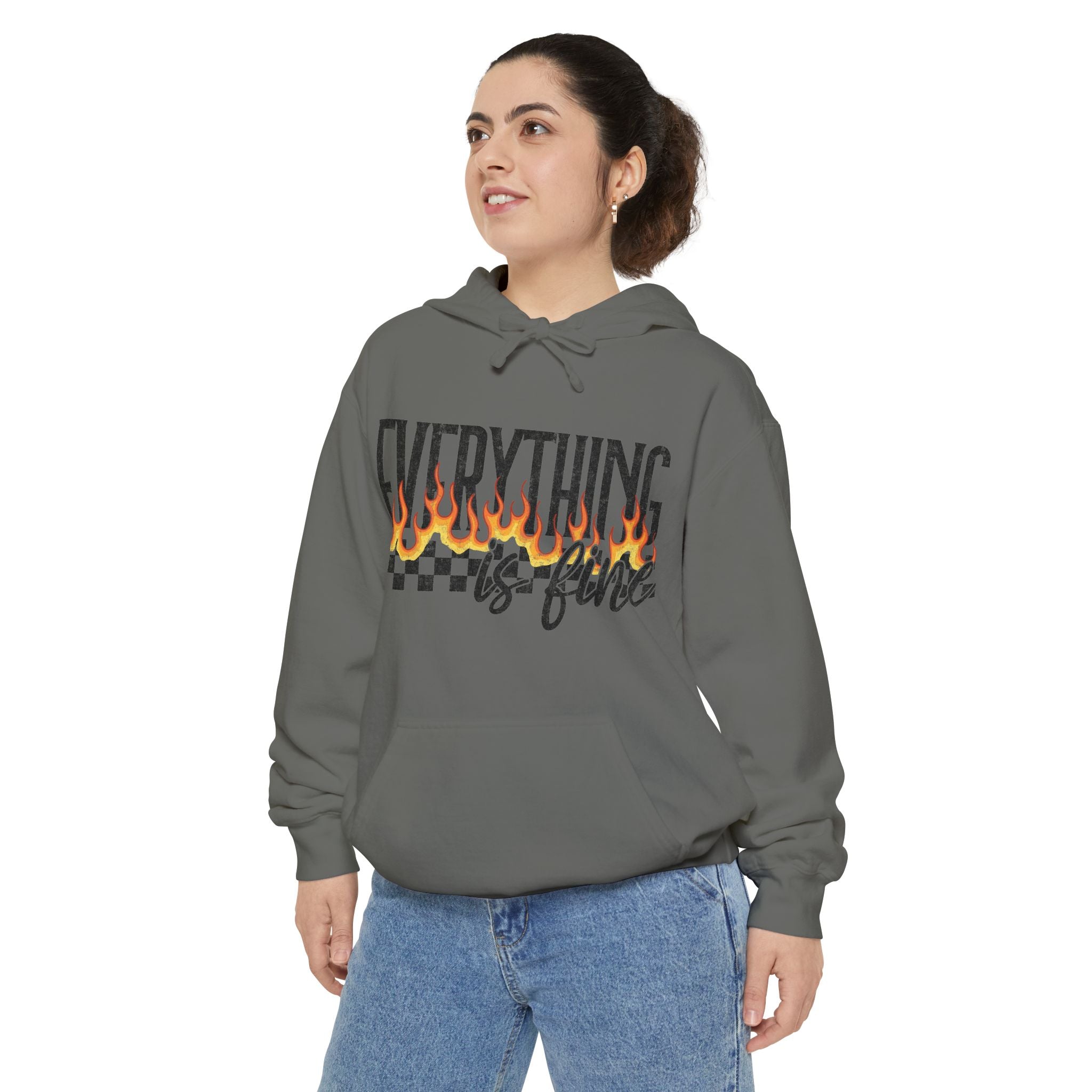 Everything Is Fine Hoodie — Retro Flame Checkerboard Graphic Pullover