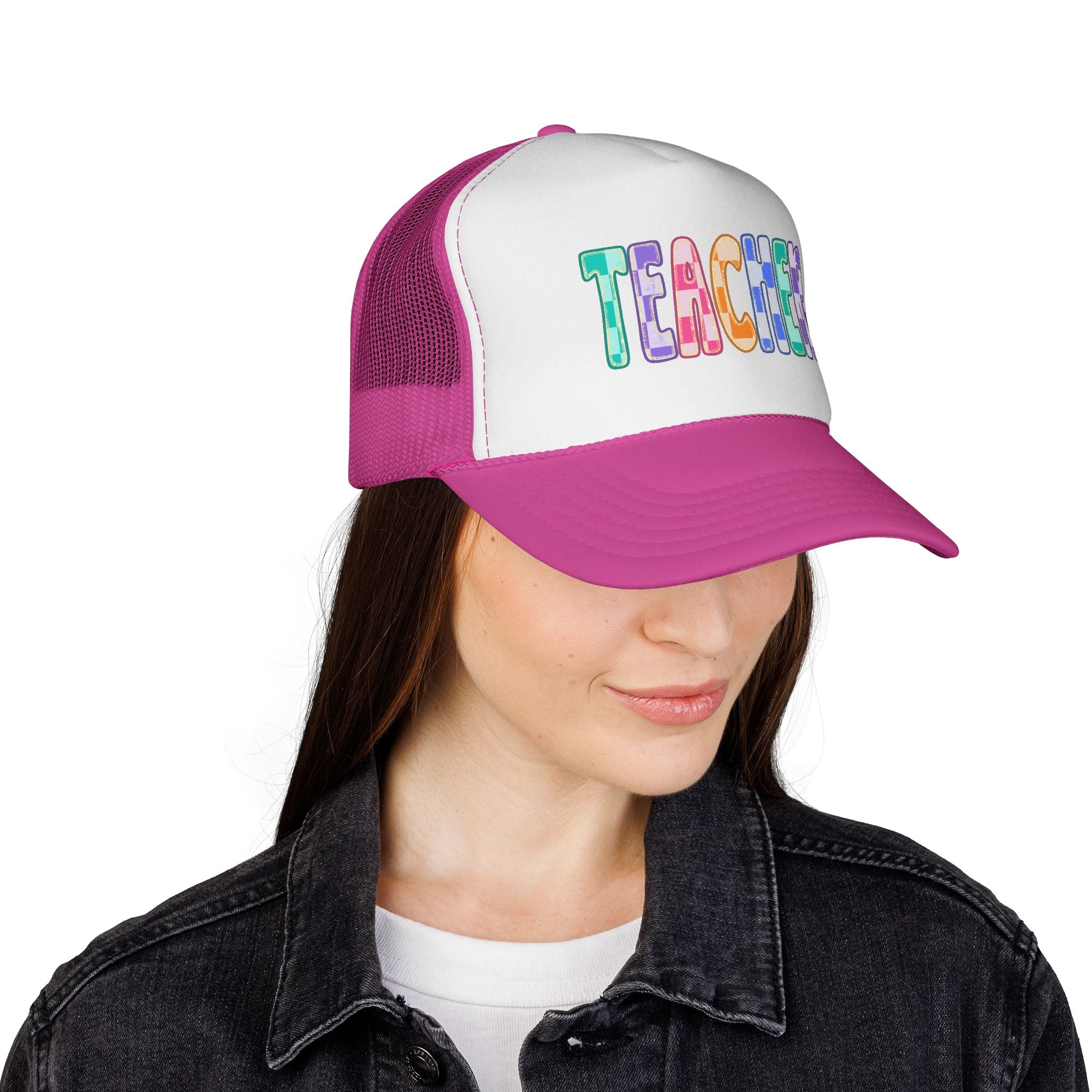 Teacher Trucker Hat — Colorful Patchwork Educator Cap