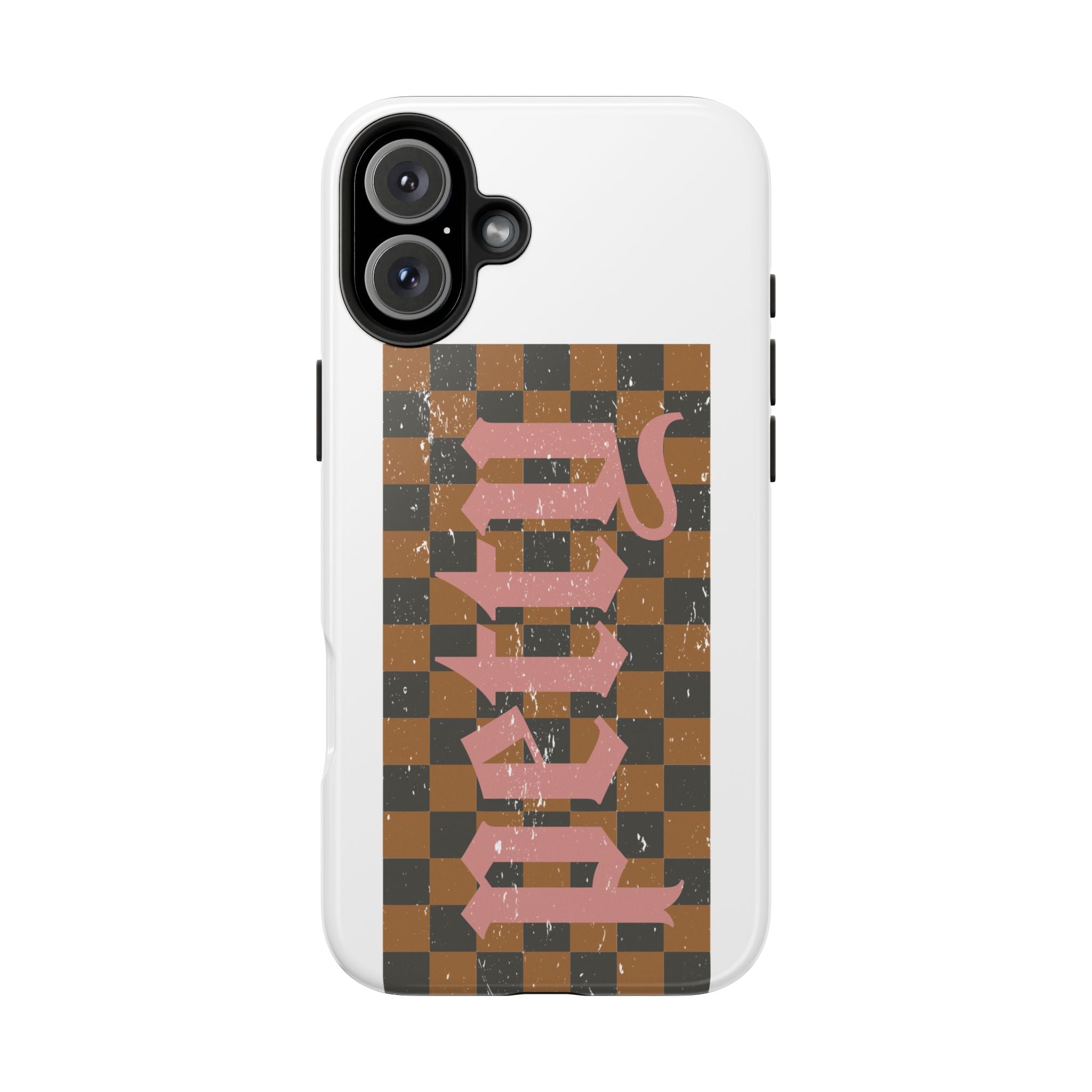 Checkerboard 'Tough' Retro Phone Case — Pink Gothic Text, Grunge Pattern
