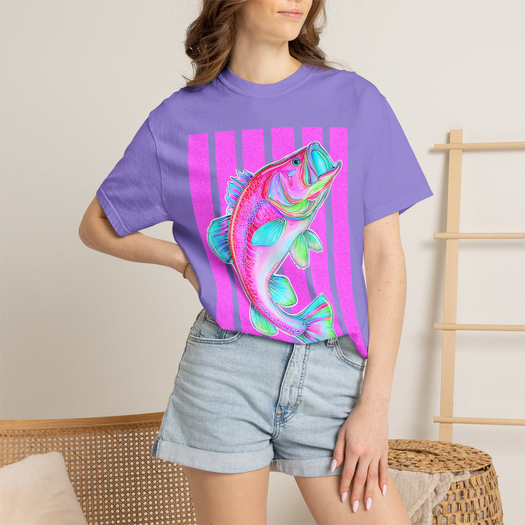Neon Bass Fish T-Shirt — Retro Pink Stripe Fishing Tee