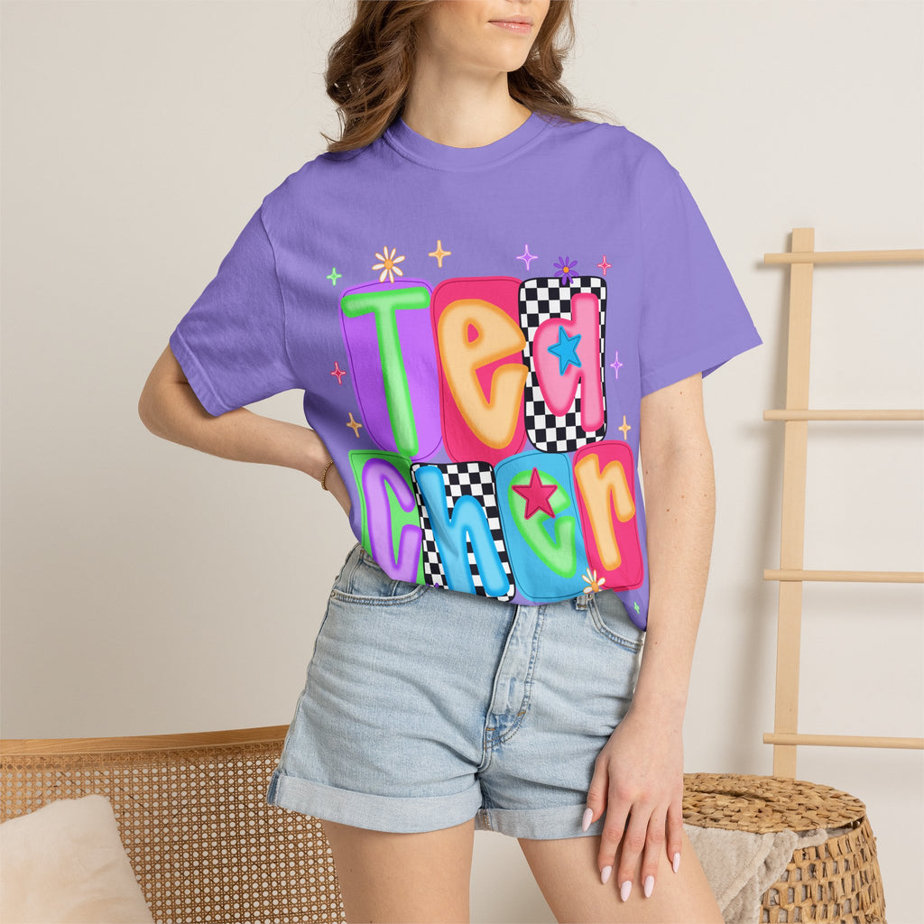 Teacher Retro Bubble Letter T-Shirt — Colorful Checkerboard & Star Teacher Shirt