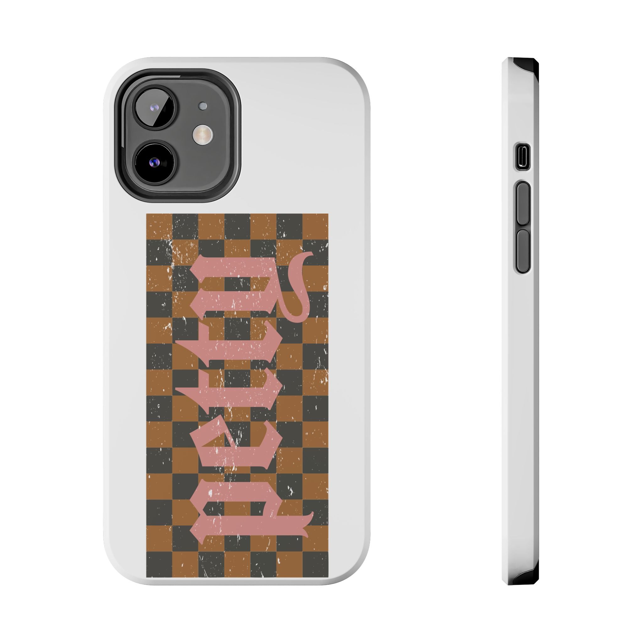 Checkerboard 'Tough' Retro Phone Case — Pink Gothic Text, Grunge Pattern