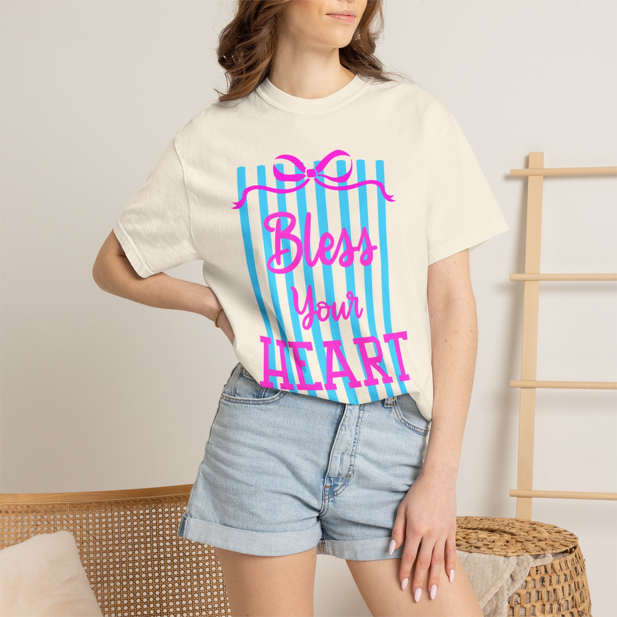 Bless Your Heart T-Shirt — Southern Phrase Graphic Tee (Pink & Blue Stripes)