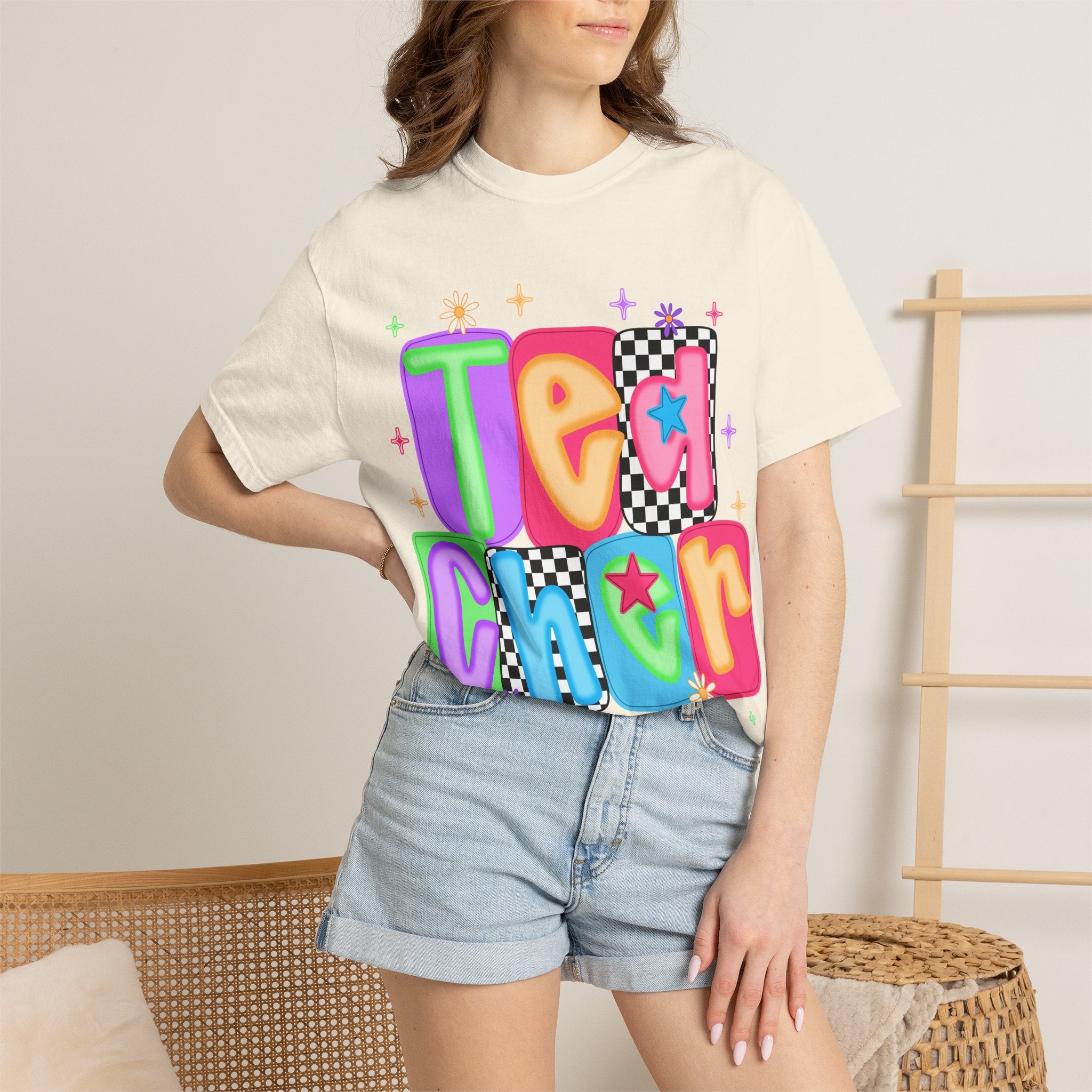 Teacher Retro Bubble Letter T-Shirt — Colorful Checkerboard & Star Teacher Shirt