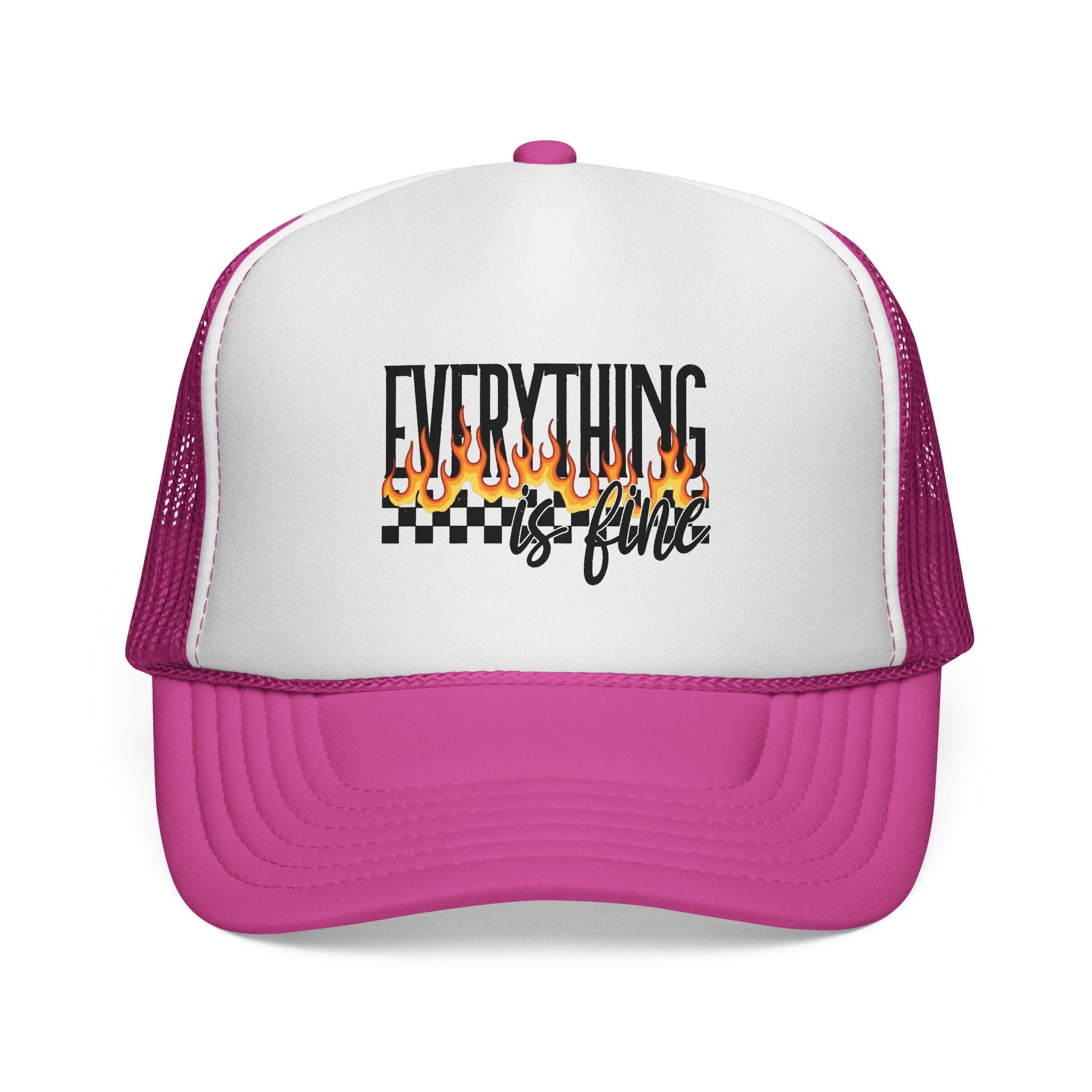 Everything Is Fine Trucker Cap — Retro Flames & Checkerboard Snapback