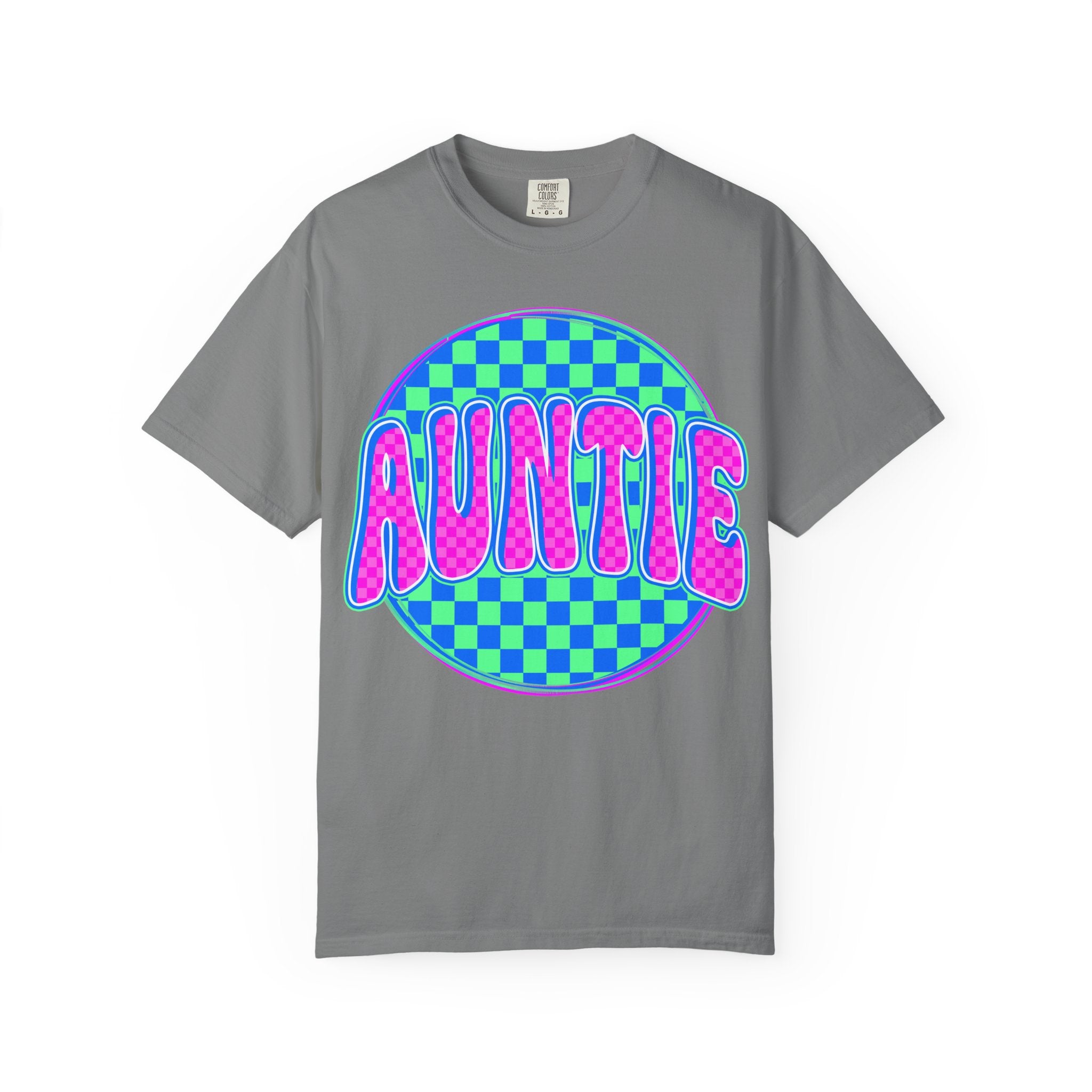 Auntie Checkerboard T-Shirt — Retro Neon 'AUNTIE' Graphic Tee