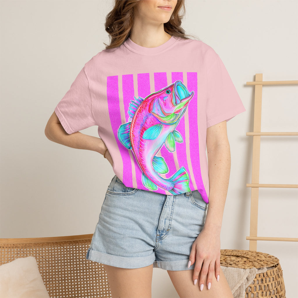 Neon Bass Fish T-Shirt — Retro Pink Stripe Fishing Tee