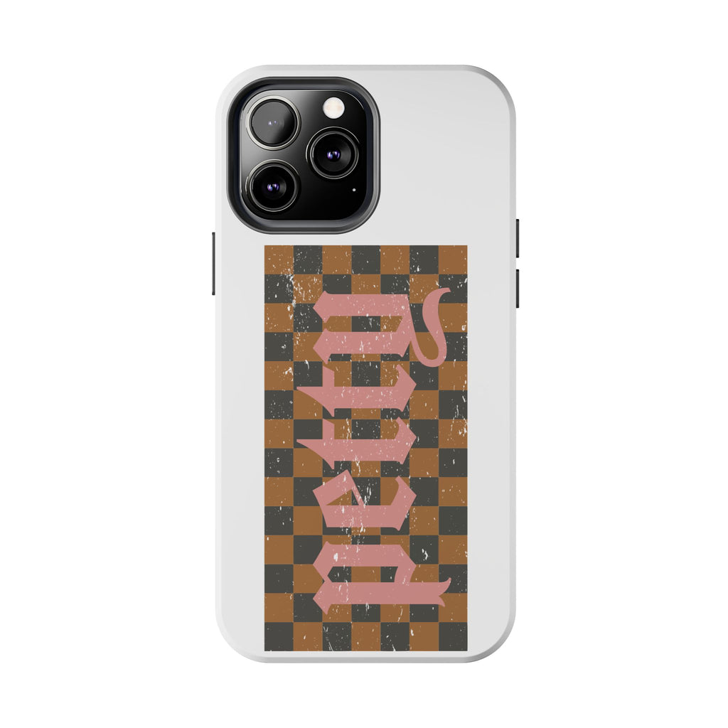 Checkerboard 'Tough' Retro Phone Case — Pink Gothic Text, Grunge Pattern