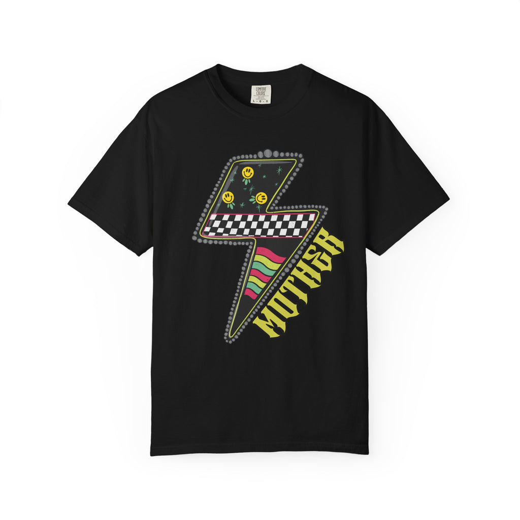 Lightning Bolt Graphic T‑Shirt — Retro Checker & 'Mother' Streetwear Tee