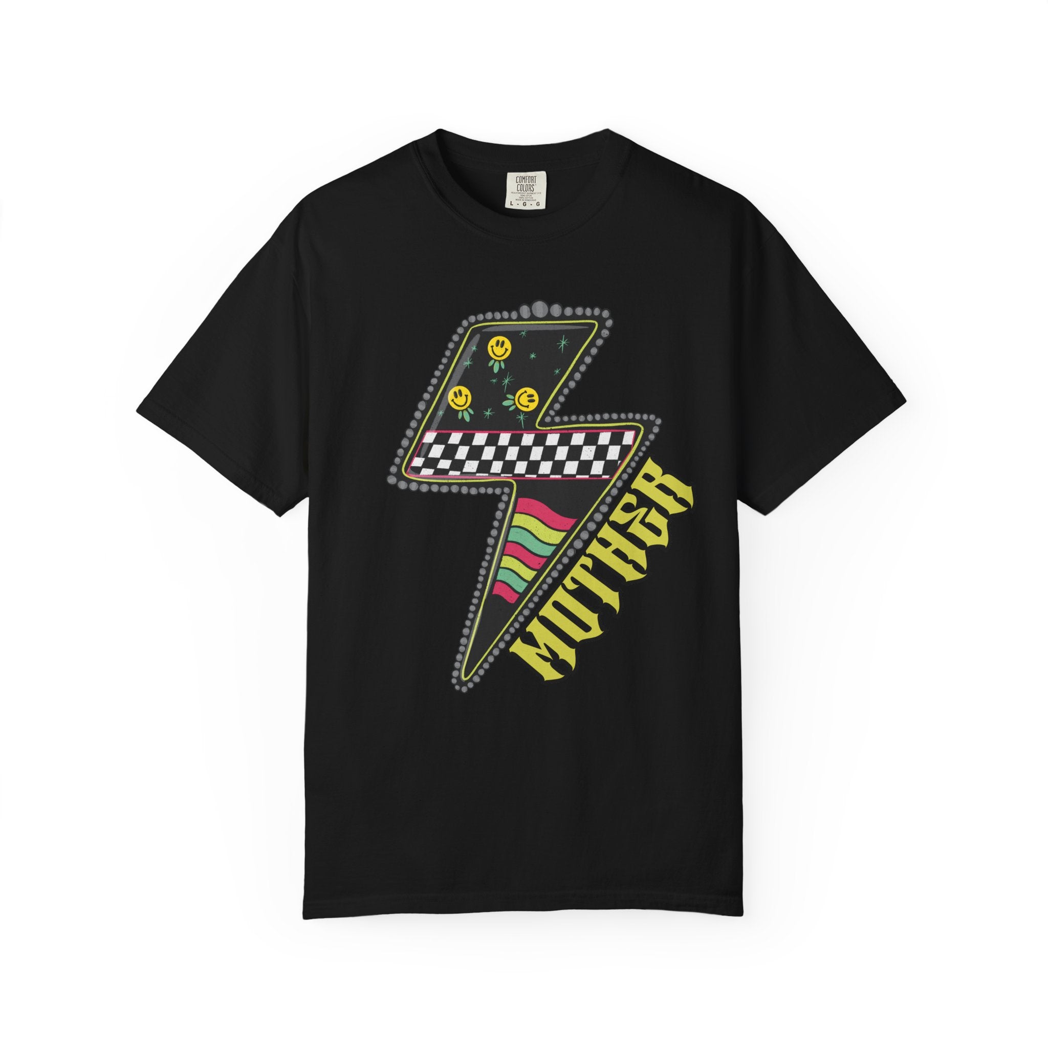 Lightning Bolt Graphic T‑Shirt — Retro Checker & 'Mother' Streetwear Tee