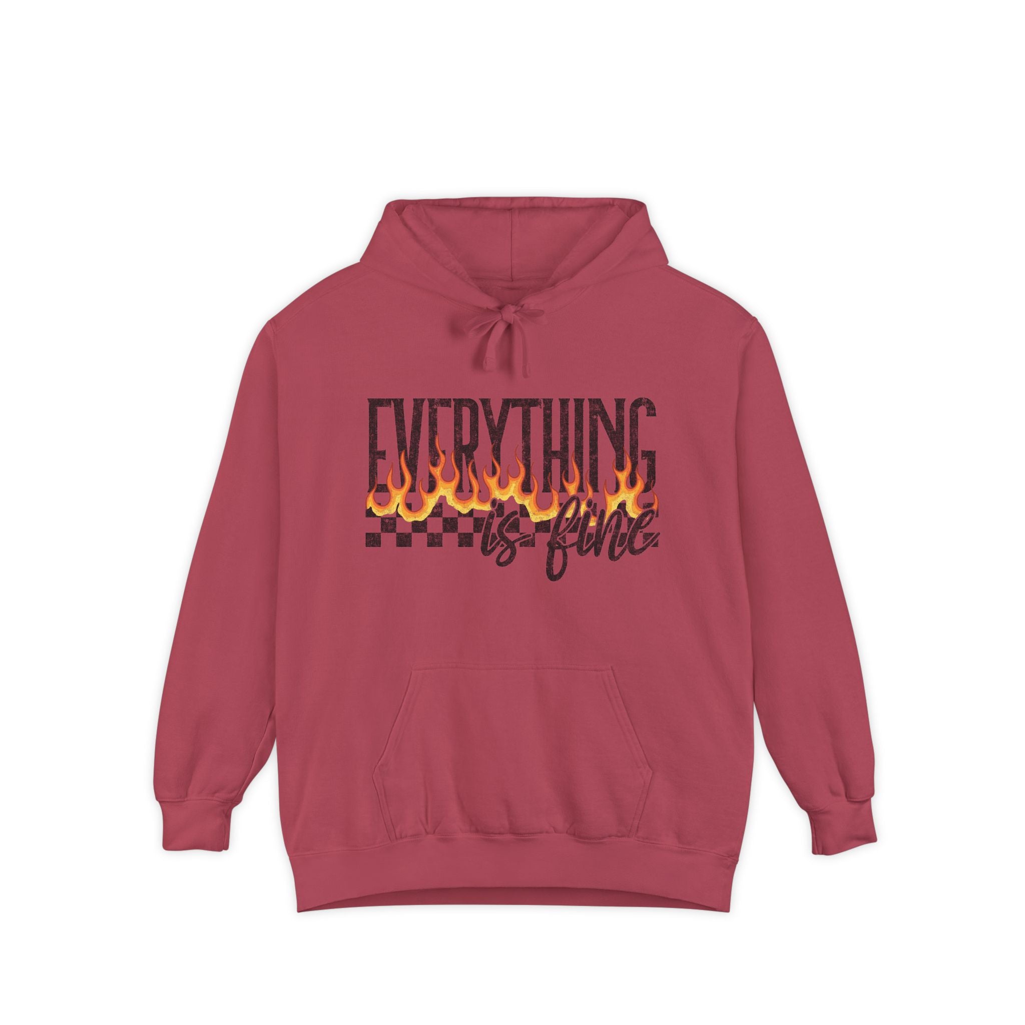 Everything Is Fine Hoodie — Retro Flame Checkerboard Graphic Pullover