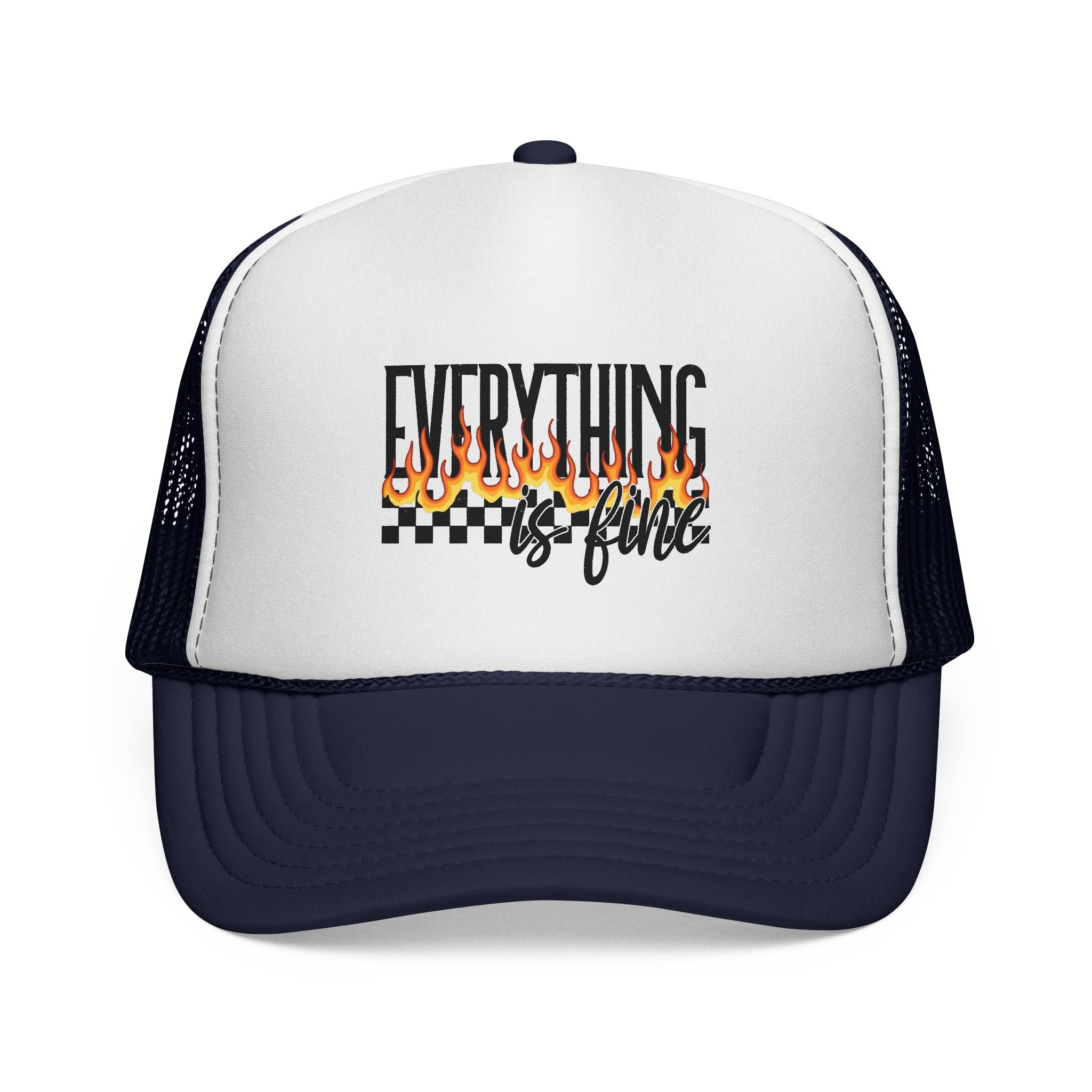 Everything Is Fine Trucker Cap — Retro Flames & Checkerboard Snapback