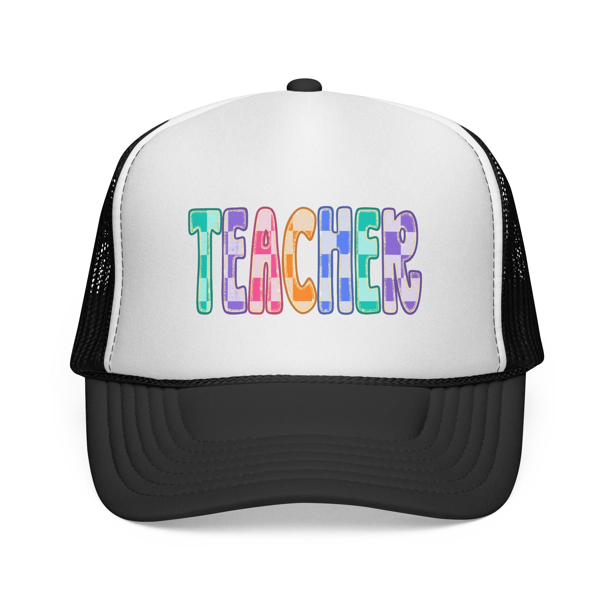 Teacher Trucker Hat — Colorful Patchwork Educator Cap