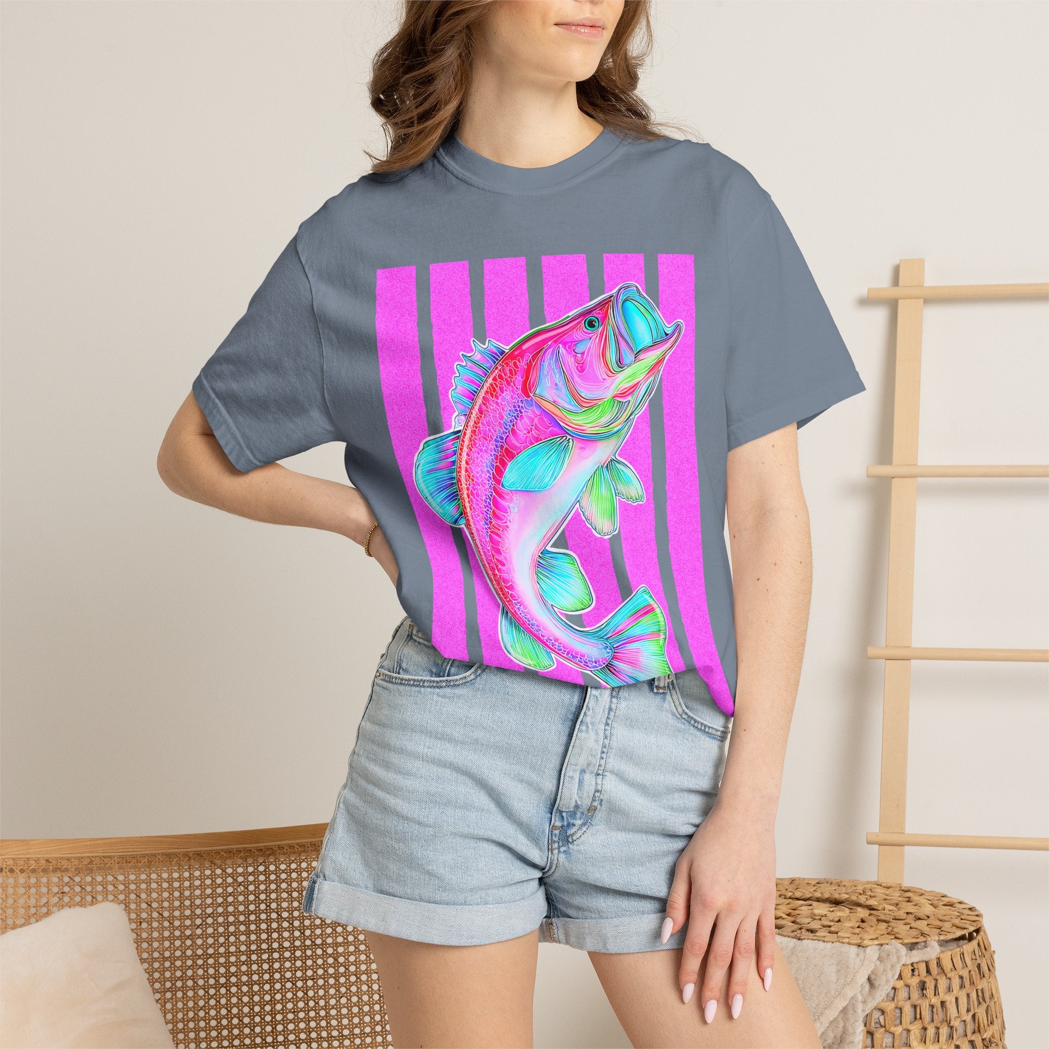 Neon Bass Fish T-Shirt — Retro Pink Stripe Fishing Tee