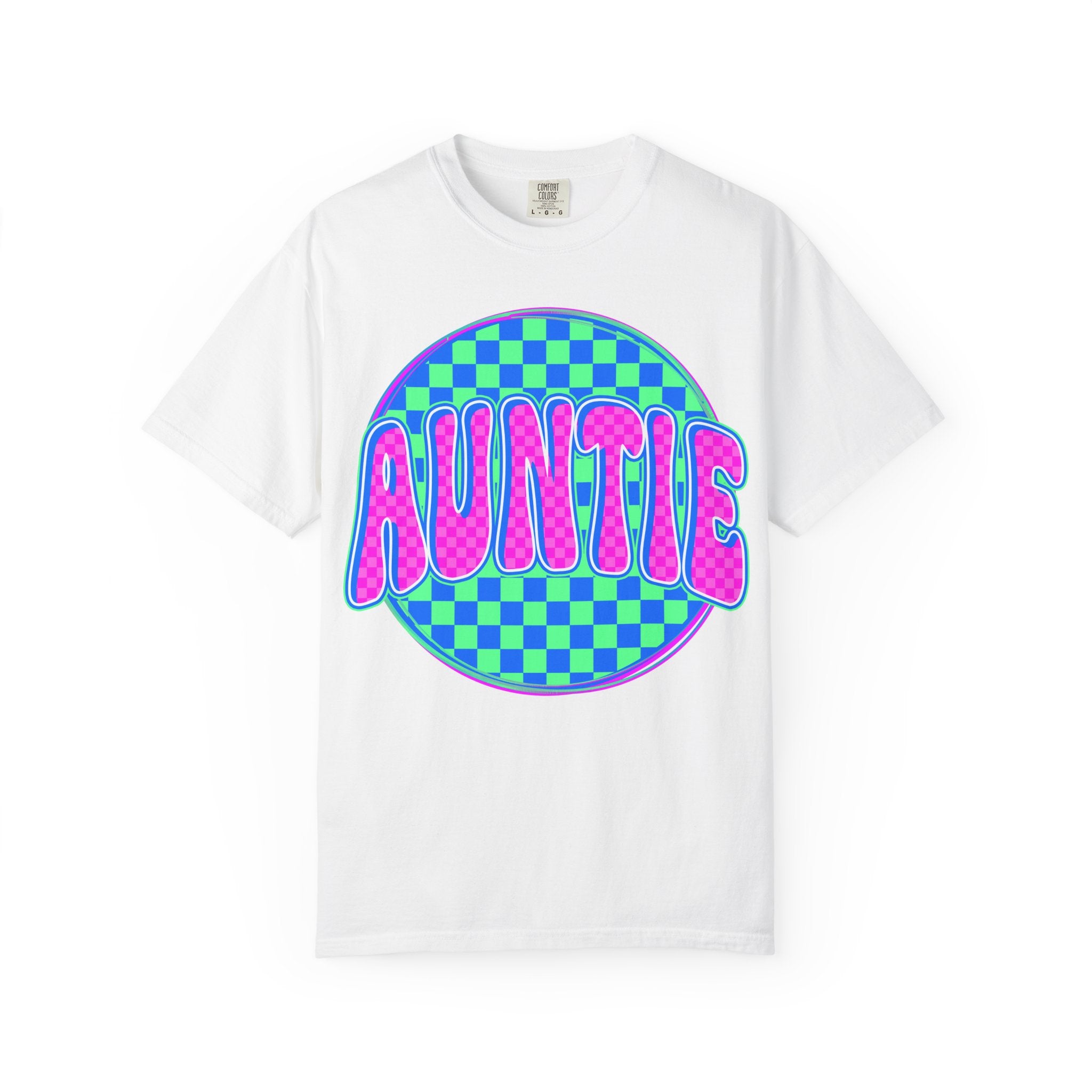 Auntie Checkerboard T-Shirt — Retro Neon 'AUNTIE' Graphic Tee