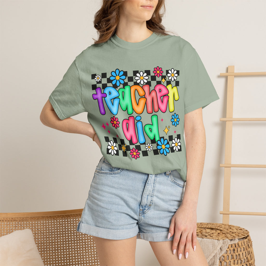 Teacher Aid T-Shirt — Colorful Retro Flower Checkerboard Design