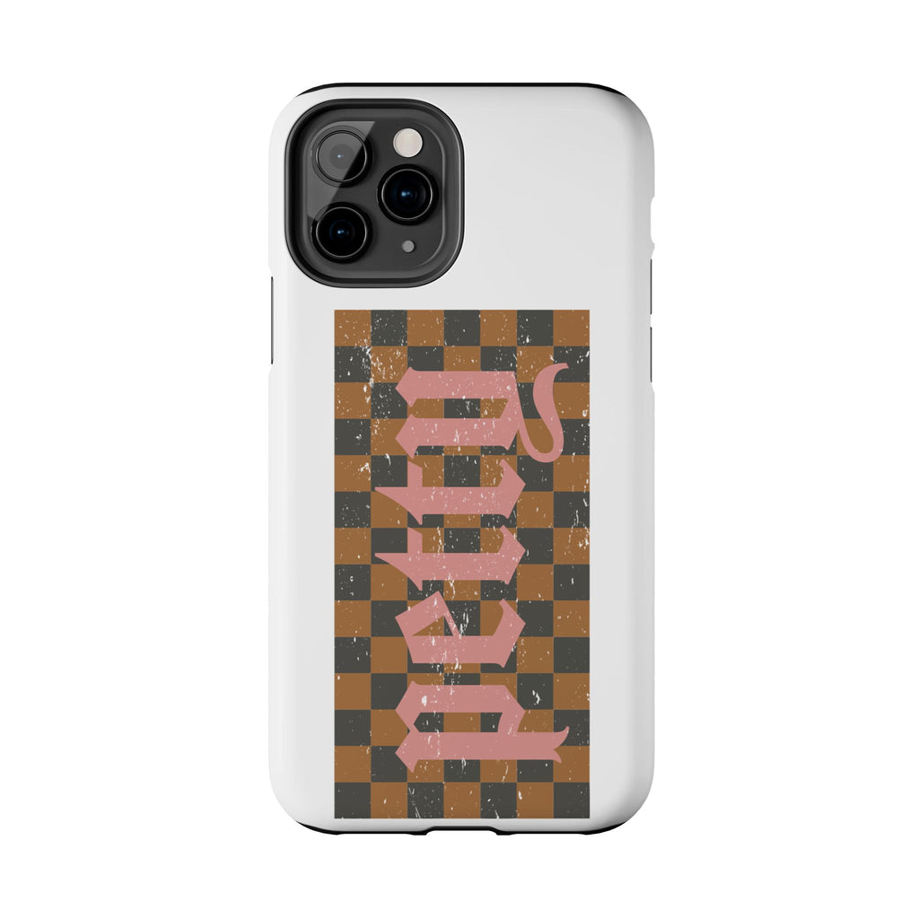 Checkerboard 'Tough' Retro Phone Case — Pink Gothic Text, Grunge Pattern