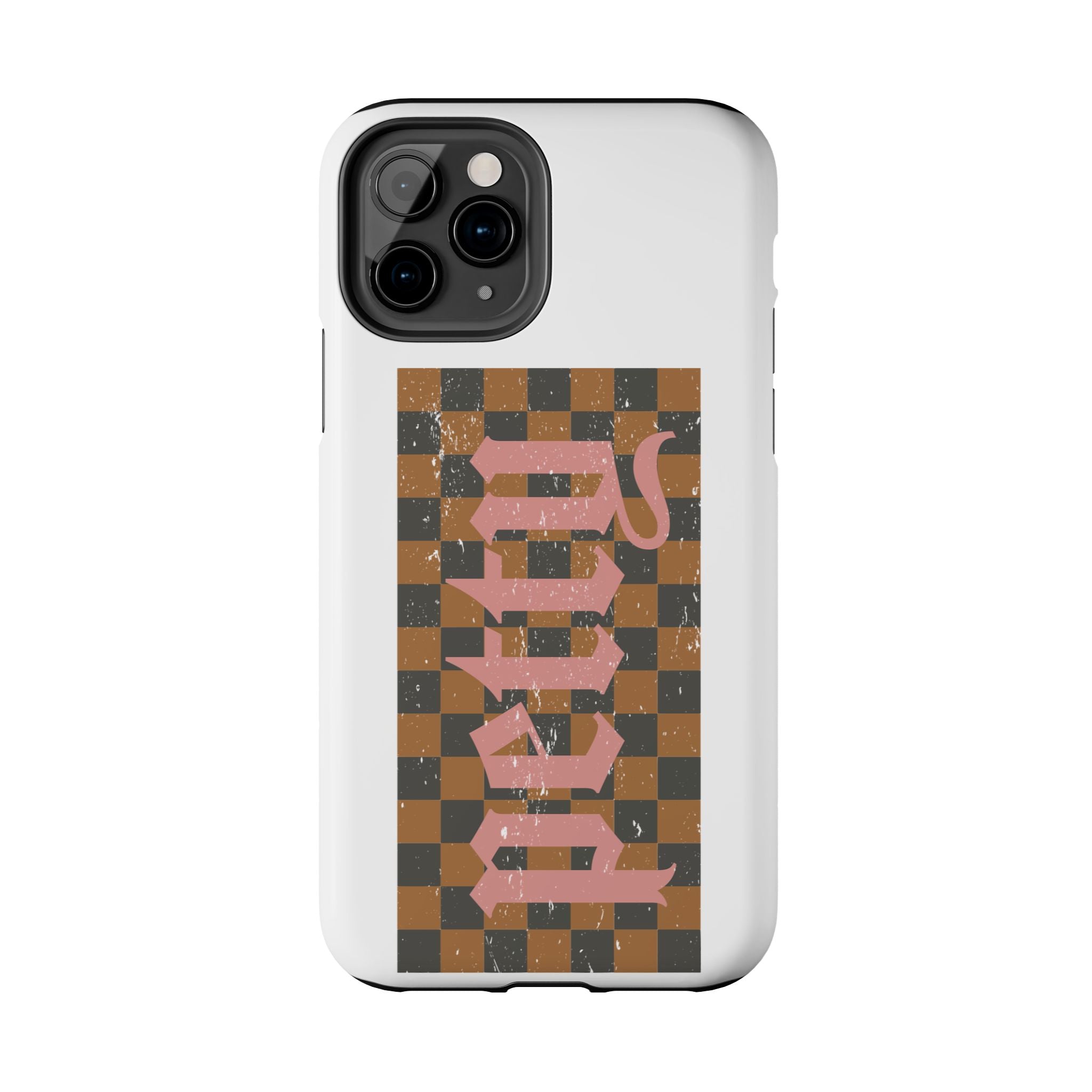Checkerboard 'Tough' Retro Phone Case — Pink Gothic Text, Grunge Pattern