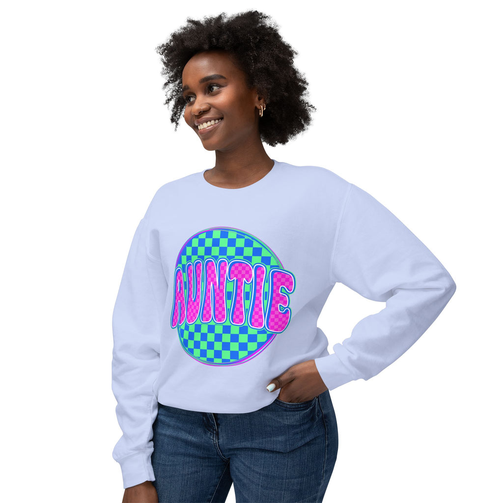 Auntie Graphic Sweatshirt — Retro Checkerboard Neon Design