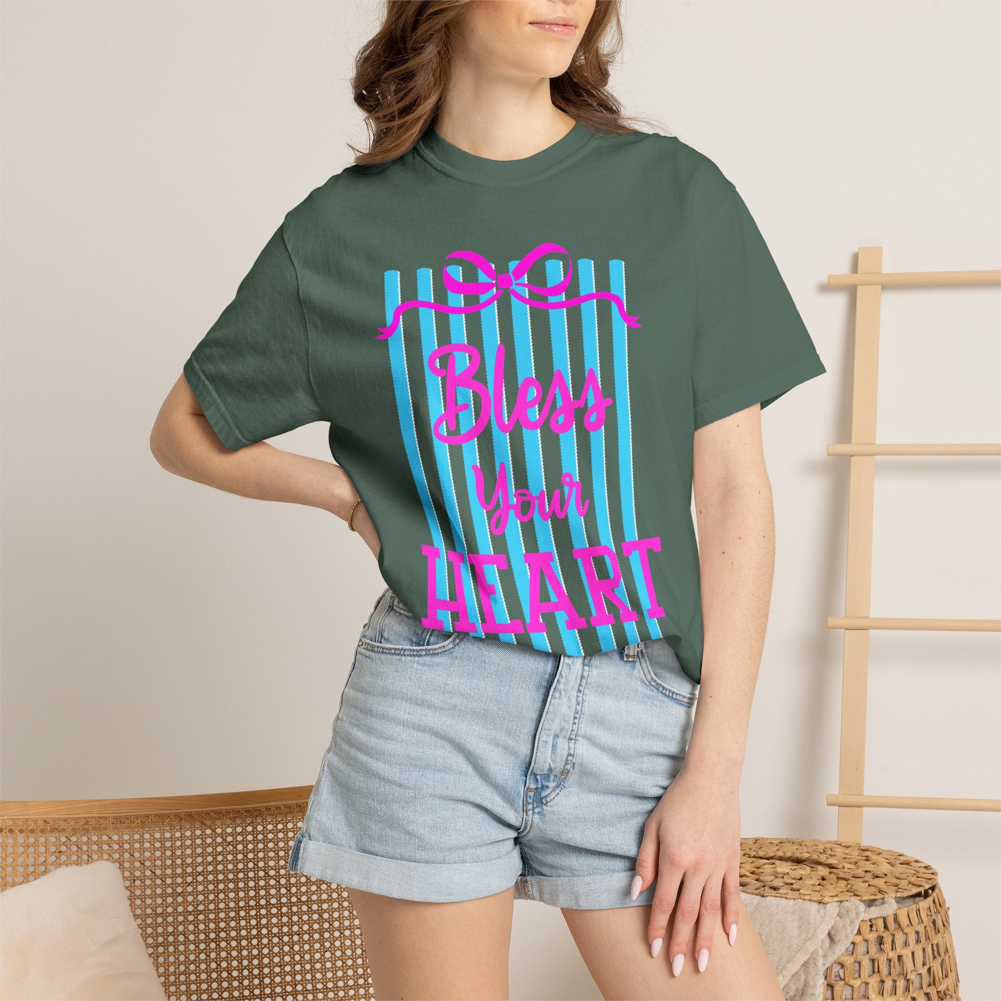 Bless Your Heart T-Shirt — Southern Phrase Graphic Tee (Pink & Blue Stripes)