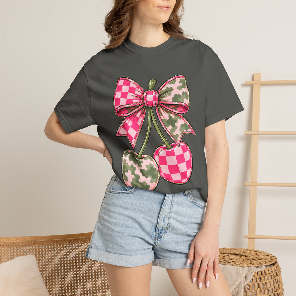 Pink Camo Checker Cherry Tee — Bow Graphic T-Shirt