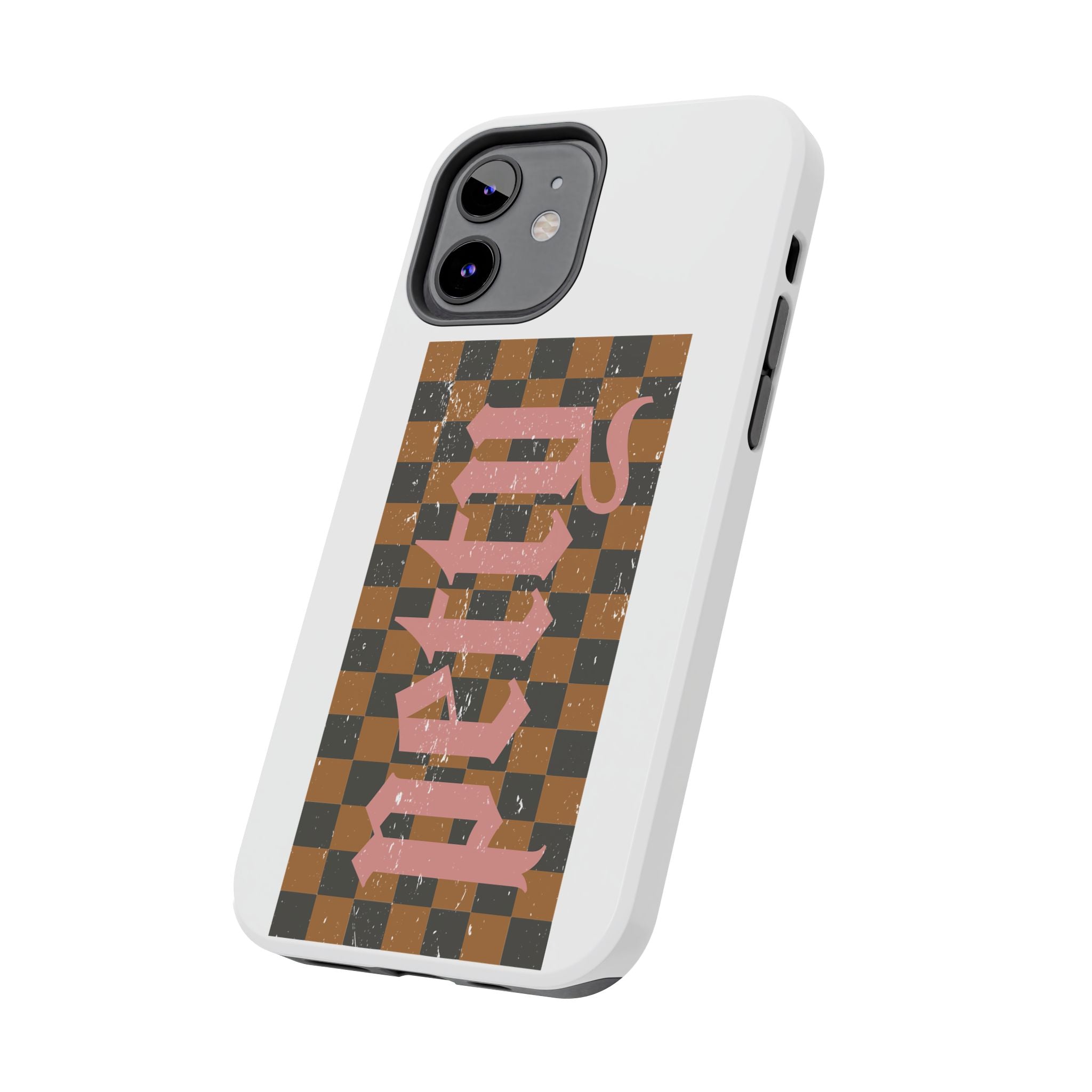 Checkerboard 'Tough' Retro Phone Case — Pink Gothic Text, Grunge Pattern