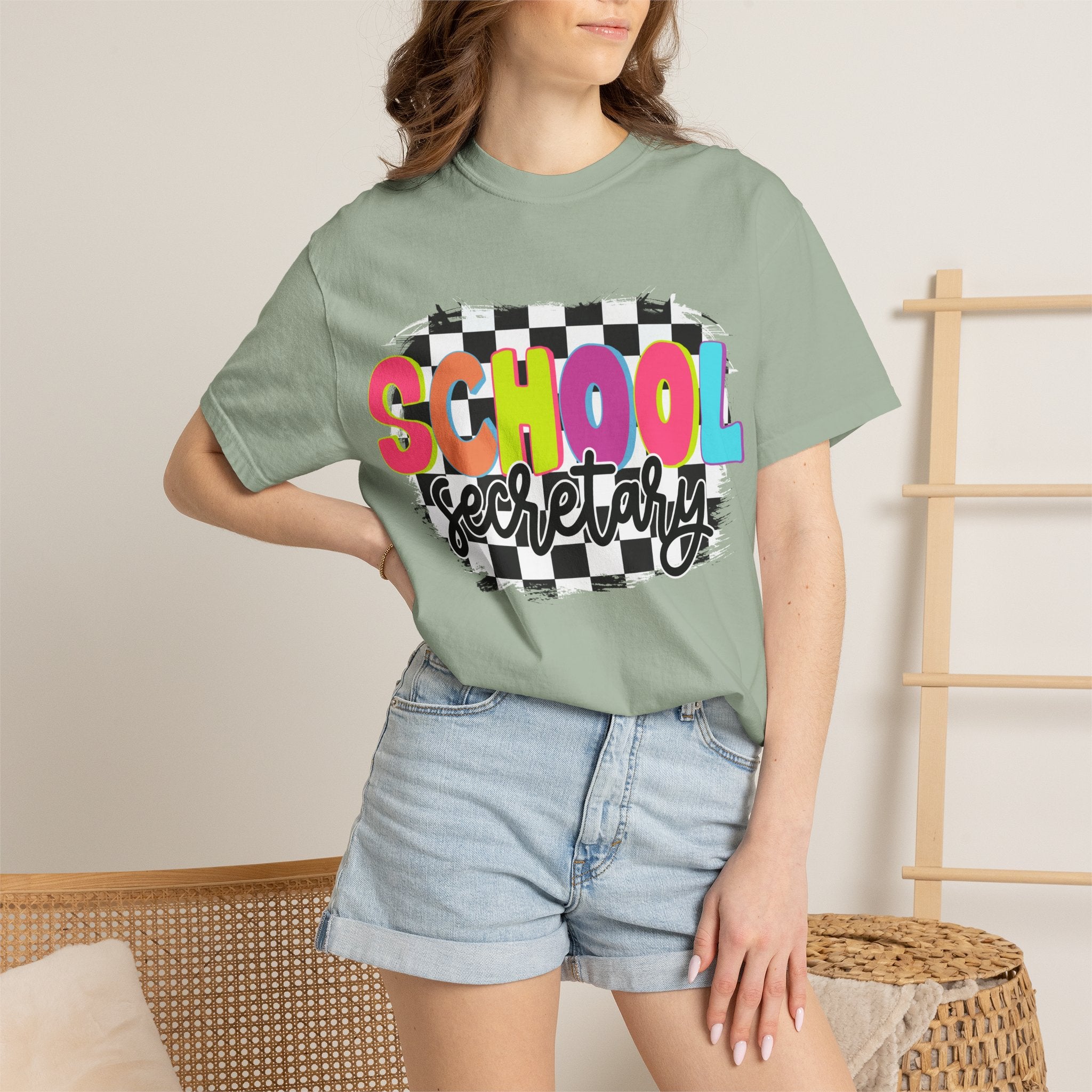 School Secretary T-Shirt — Retro Checkerboard Design
