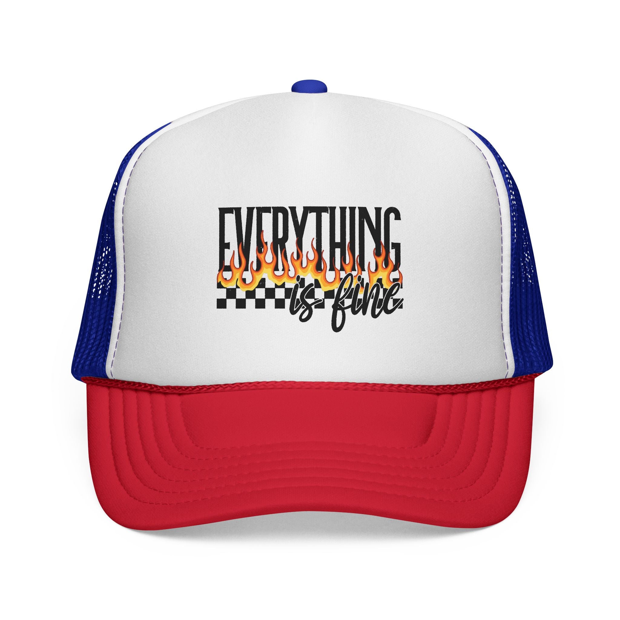 Everything Is Fine Trucker Cap — Retro Flames & Checkerboard Snapback