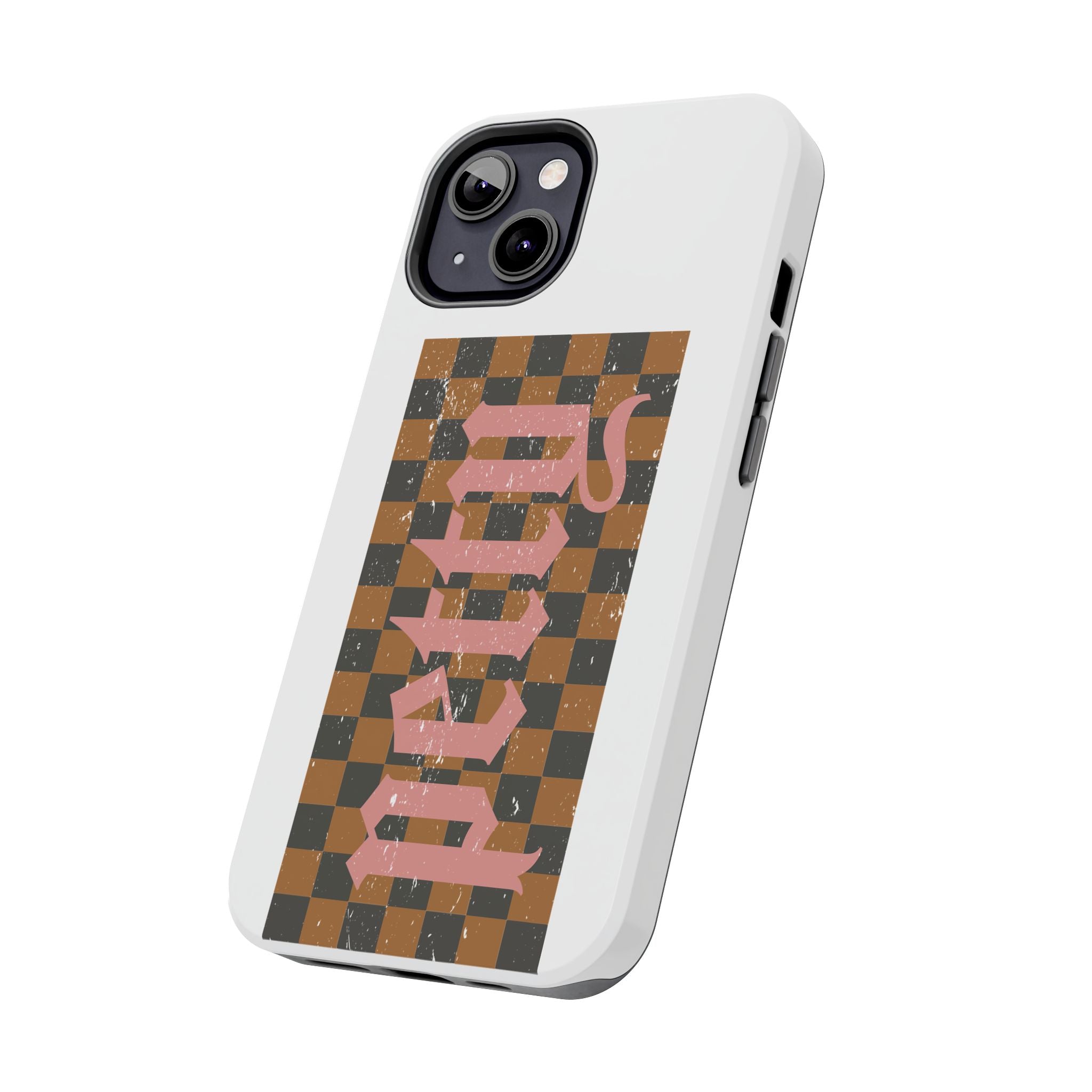 Checkerboard 'Tough' Retro Phone Case — Pink Gothic Text, Grunge Pattern
