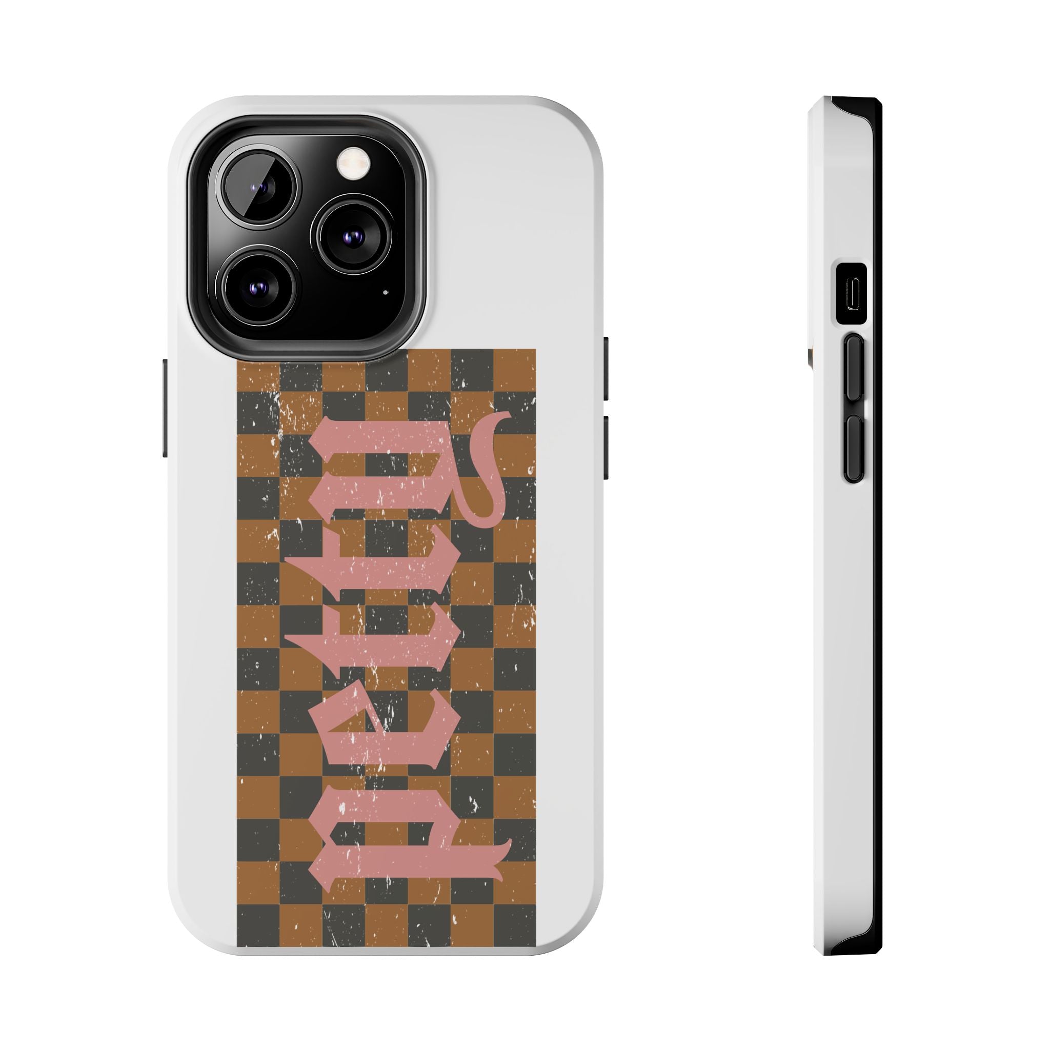 Checkerboard 'Tough' Retro Phone Case — Pink Gothic Text, Grunge Pattern