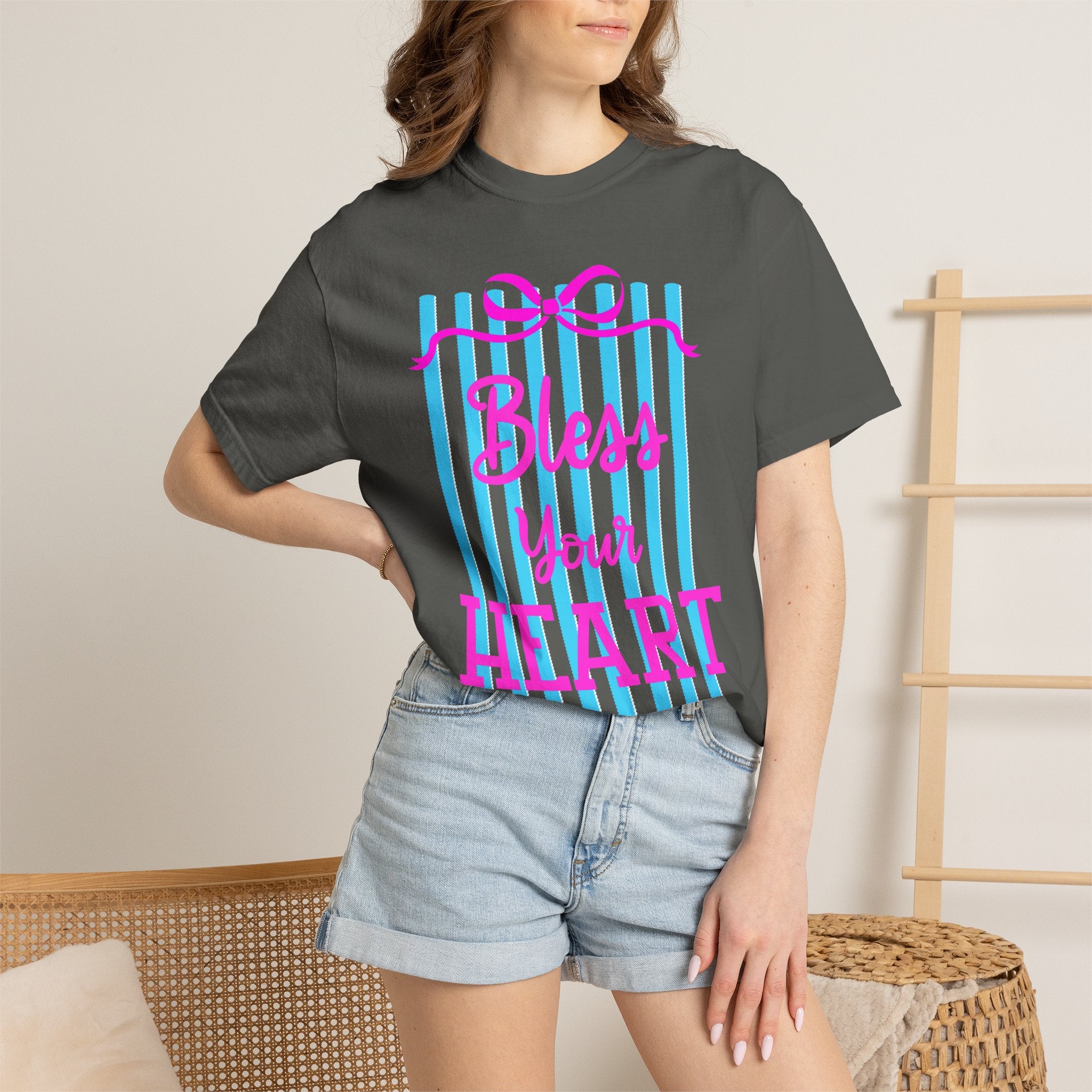 Bless Your Heart T-Shirt — Southern Phrase Graphic Tee (Pink & Blue Stripes)