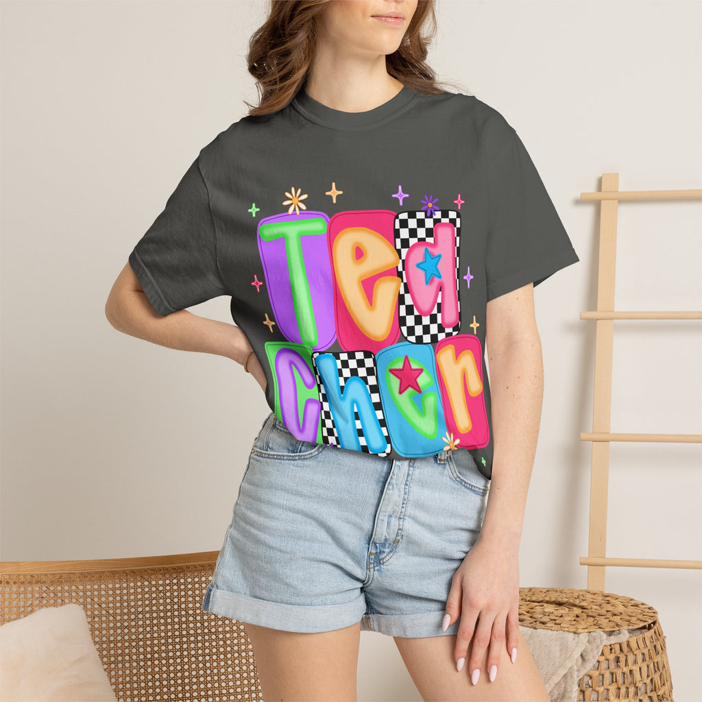 Teacher Retro Bubble Letter T-Shirt — Colorful Checkerboard & Star Teacher Shirt