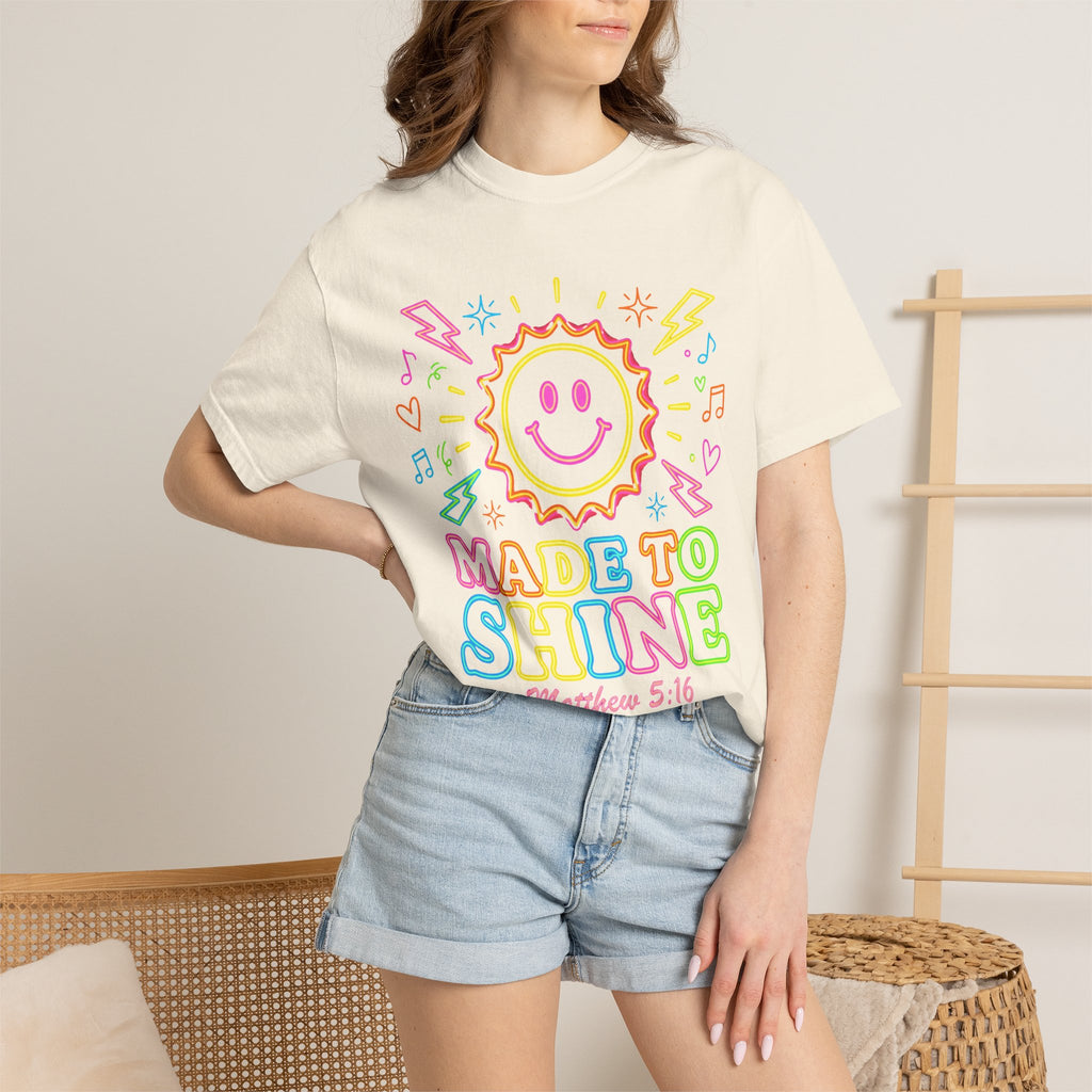 Made to Shine T‑Shirt — Pastel Smiley Sun Christian Graphic (Matthew 5:16)